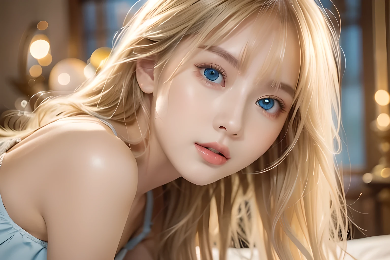 A very white and beautiful 20-year-old blonde girl、masterpiece, highest quality, shape, Ultra-fine detail, Naturally shiny platinum blonde、Super long straight silky hair、Super long hair like Rapunzel、Hair tangled all over the body、bangs over eyes、bangs on the face、Messy bangs、High resolution, 8K TV Wallpaper, Perfect dynamic composition, Big, bright, light blue eyes that shine beautifully、Very big eyes、of hotel(bed)、Small Face Beauty、Round face、double eyelid、Cheek gloss highlighter、On all fours