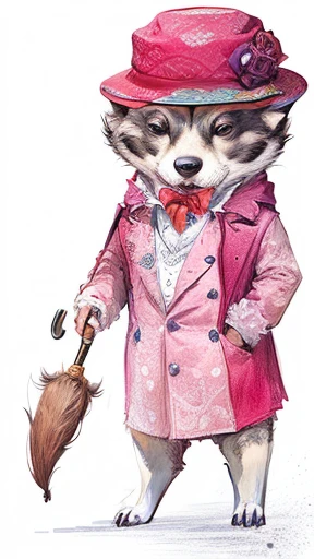 drawing of a cartoon character with a hat and umbrella, mr. nimbus character design, anthropomorphic badger, anthropomorphic character, !anthropomorphic!, disney stylized furry, anthropomorphic!!, anthropomorphic dog, inspired by J. J. Grandville, anthropomorphic otter in costume