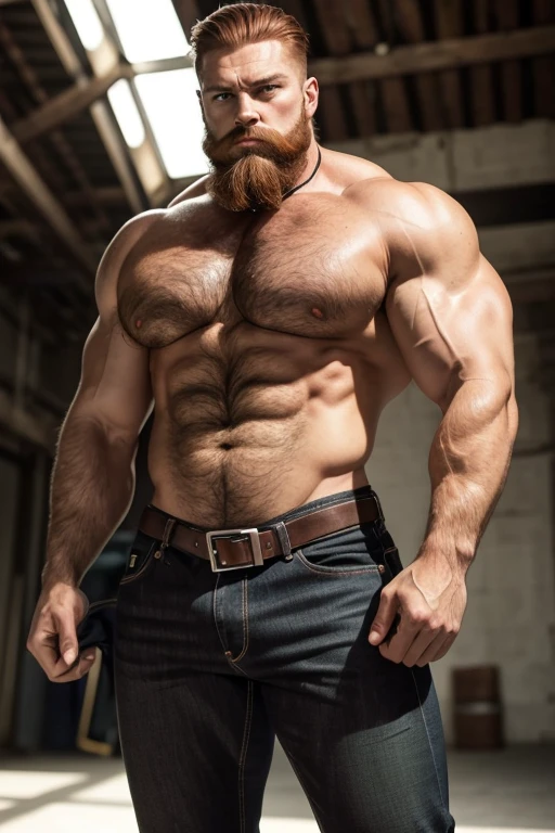Masterpiece, Best Quality, Ultra-Detailed, muscular, bearded, thick mustache, imposing man [intense look], Intimidating presence, male figure,[imposing shadows],gritty realism, extreme detailed description, wide shoulders, green eyes, detailed eyes, brilliant eyes, handsome eyes, red hair, ginger hair, ginger beard, [chin stubble], imposing silhouette, bright colors, distinctive beard style, sharp focus, Unyielding pose, sense of authority, jeans (((big bulge) (((frontal)))

