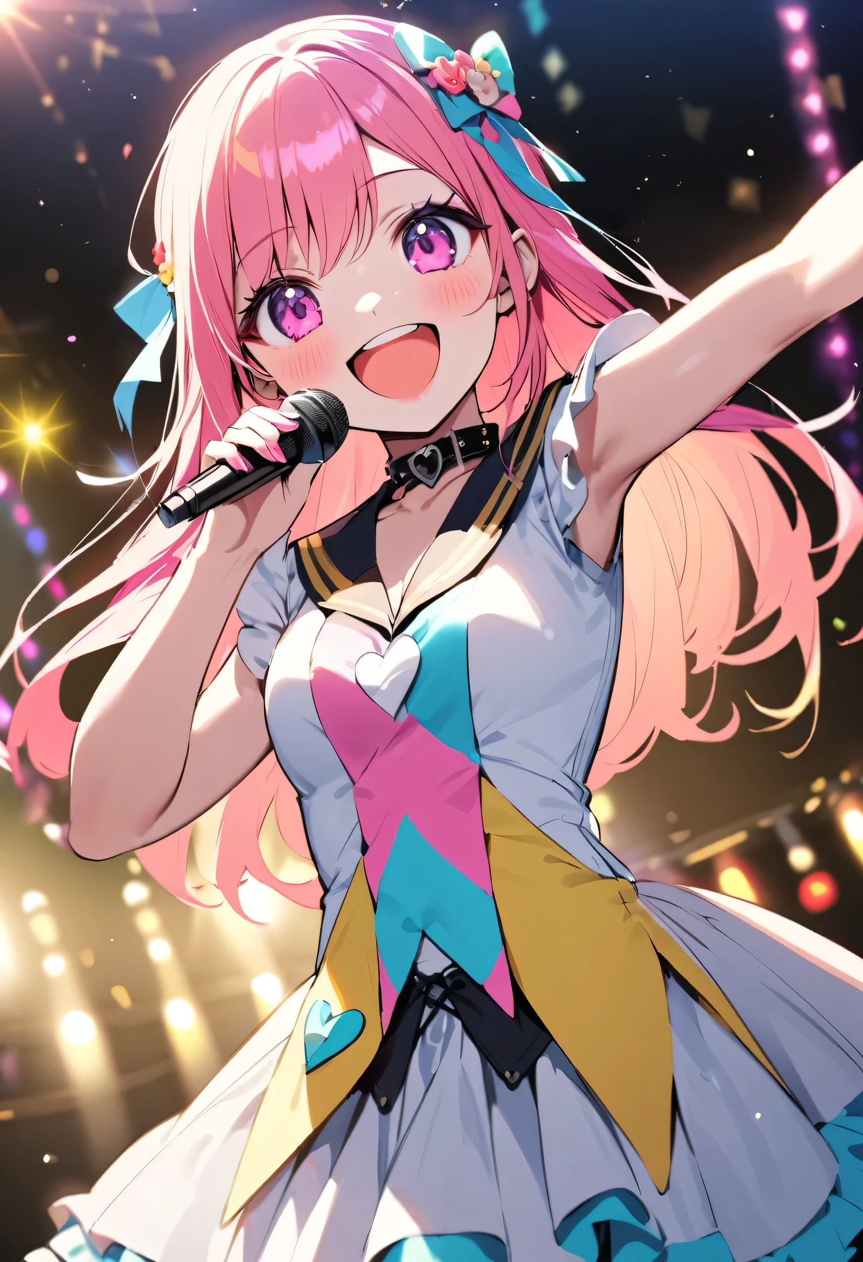 highest quality、High resolution、Detailed Background、age beauty、Detailed face、Brightly colored hair、eye make up、Lip Makeup、Idol-style Sailor Dress、No sleeve、White Stockings、Uplifting、(A beautiful girl is smiling and singing and dancing on stage:1.5)、
Costumes and accessories light up、Bright colors and pop colors、pastel colour、The collar and other parts are decorated with frills and lace.、Floral and heart patterns、Cuteness、hair accessory、ribbon