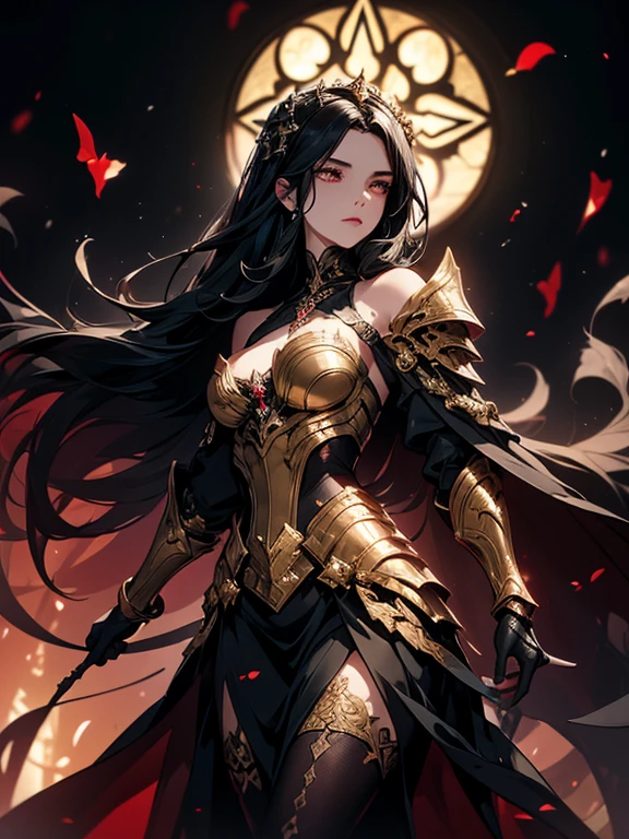 ((masterpiece, best quality, 8k))A breathtaking artwork of a female character of unimaginable beauty(perfect face features), set in a dark and opulent environment. The full-body view reveals an impressive figure, exuding an aura of power and mystery. She wears black and gold clothes, radiating a luxurious darkness. Her armor is detailed and characteristic, with intricate golden designs that shimmer in the dim light. Ornate shoulder pads protect her shoulders, and the armor perfectly molds to her body, accentuating her formidable presence.Her long black hair flows like a river of darkness, contrasting with her mesmerizing scarlet eyes. Her beauty is almost supernatural, a perfect blend of grace and menace. She wields a cursed blade that seems to pulse with malevolent energy, enhancing her aura of danger.The setting around her is a gothic and luxurious environment, with dark arches and stained glass windows that filter a supernatural light. In the background, candles flicker, casting dancing shadows on the intricately carved stone walls. It is a place that blends elegance and terror, perfectly reflecting the essence of the character.