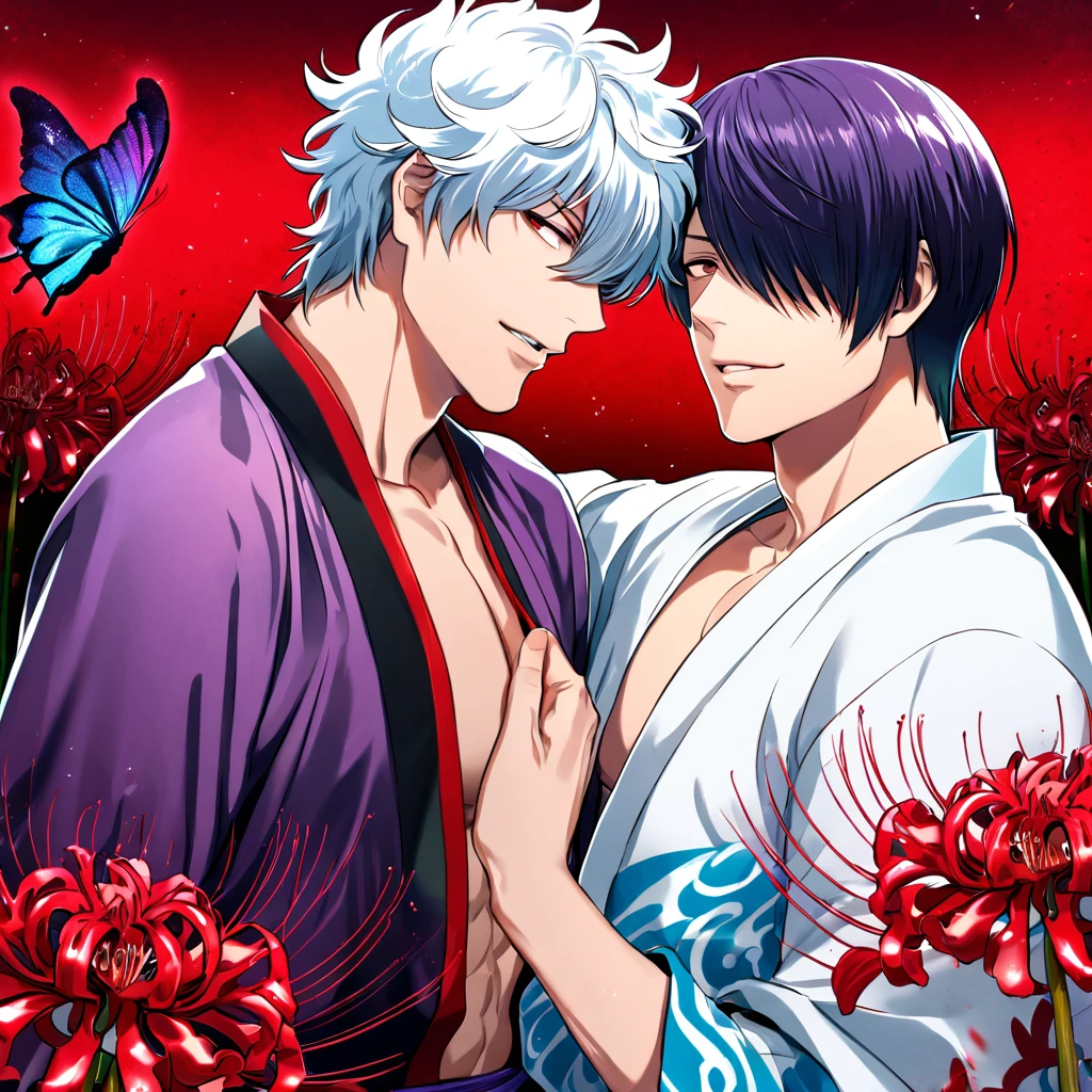absurdres, highres, ultra detailed, HDR, master piece, best quality, Takasugi Shinsuke, dark purple hair, hair over the left eye, expressive brown eyes, Gintama, Sakata Gintoki, white hair, expressive red eyes, two men together, gay couple, yaoi, handsome, toned chest, white kimono, purple kimono, patterns, magical, fantasy, red background, red spider lilies, shining, red petals, red sparkling butterflies, red water