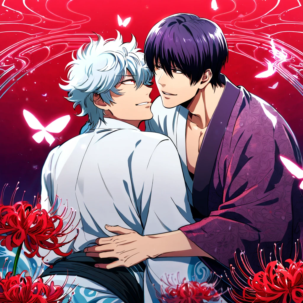 absurdres, highres, ultra detailed, HDR, master piece, best quality, Takasugi Shinsuke, dark purple hair, hair over the left eye, expressive brown eyes, Gintama, Sakata Gintoki, white hair, expressive red eyes, two men together, gay couple, yaoi, handsome, toned chest, white kimono, purple kimono, patterns, magical, fantasy, red background, red spider lilies, shining, red petals, red sparkling butterflies, red water