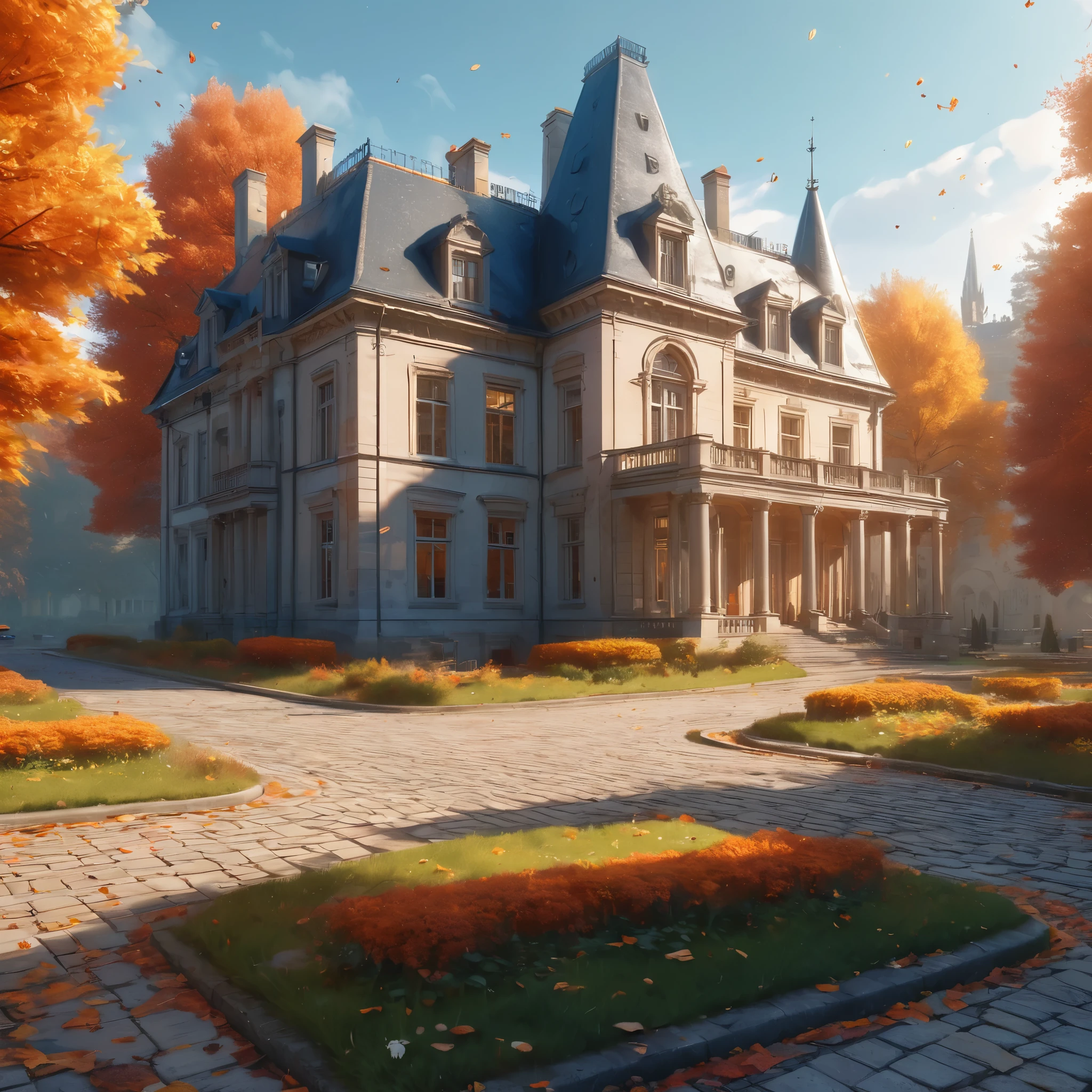 a painting of a building surrounded by trees, beautiful autumn spirit, stunning grand architecture, ultra nd, fancy library, zoomed out photography, stone pathways, fiery, octoberfest, breath taking, university, uniquely beautiful, color splashes, thisset colours, (complementary colors:1.2), (sharp focus:1.1), (Unreal Engine 5:1.2), (CGI:1.2), (high quality:1.2), (4K:1.1), (volumetric lighting:1.2), (highly detailed:1.3), (bloom:1.1), (micro details:1.2), (masterpiece:1.3), (luminescent:1.1), (aesthetic:1.3), (beautiful:1.3), (HDR:1.2), (dynamic composition:1.2), (captivating atmosphere:1.2), (immersive experience:1.3), (innovative design:1.2), (cinematic excellence:1.3), (timeless elegance:1.1), (visual storytelling:1.2), (technological marvel:1.2), (artistic finesse:1.3), (ethereal beauty:1.1), (creative brilliance:1.2)