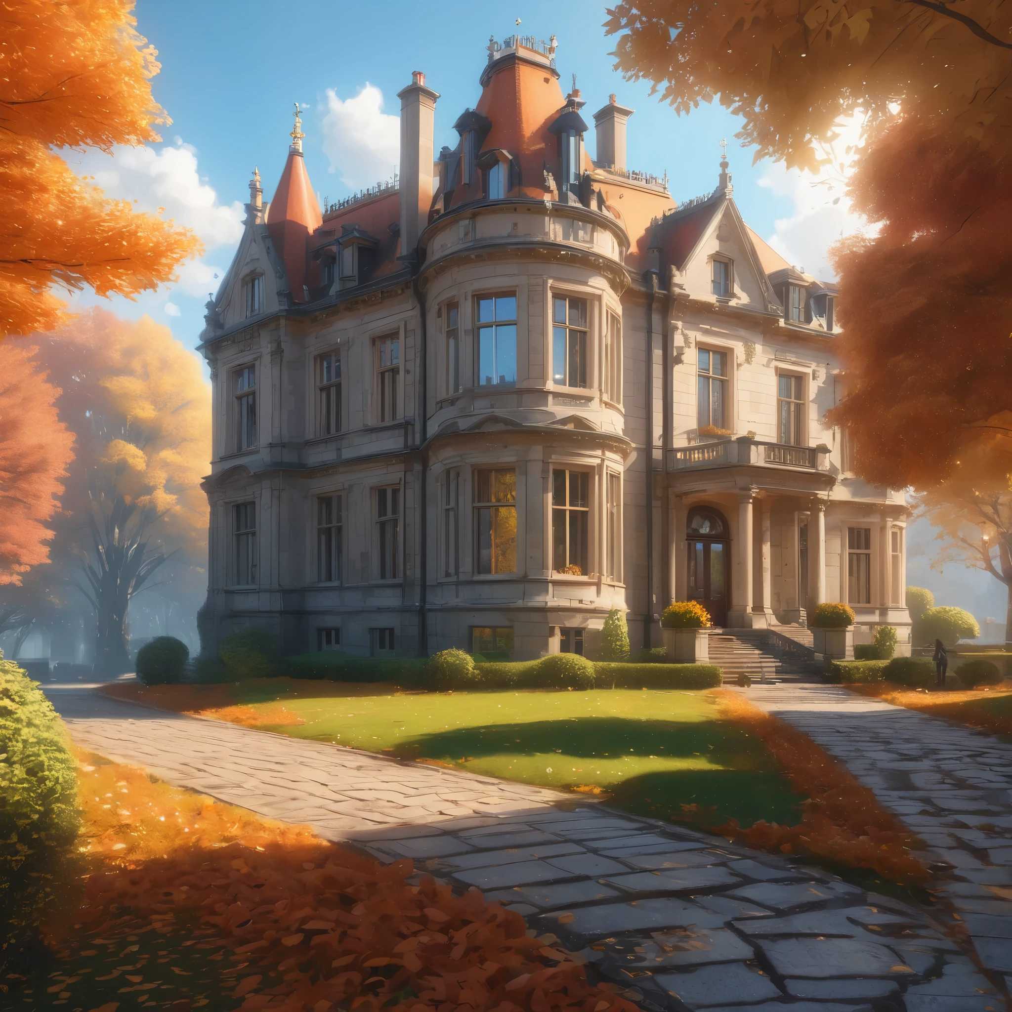 a painting of a building surrounded by trees, beautiful autumn spirit, stunning grand architecture, ultra nd, fancy library, zoomed out photography, stone pathways, fiery, octoberfest, breath taking, university, uniquely beautiful, color splashes, thisset colours, (complementary colors:1.2), (sharp focus:1.1), (Unreal Engine 5:1.2), (CGI:1.2), (high quality:1.2), (4K:1.1), (volumetric lighting:1.2), (highly detailed:1.3), (bloom:1.1), (micro details:1.2), (masterpiece:1.3), (luminescent:1.1), (aesthetic:1.3), (beautiful:1.3), (HDR:1.2), (dynamic composition:1.2), (captivating atmosphere:1.2), (immersive experience:1.3), (innovative design:1.2), (cinematic excellence:1.3), (timeless elegance:1.1), (visual storytelling:1.2), (technological marvel:1.2), (artistic finesse:1.3), (ethereal beauty:1.1), (creative brilliance:1.2)