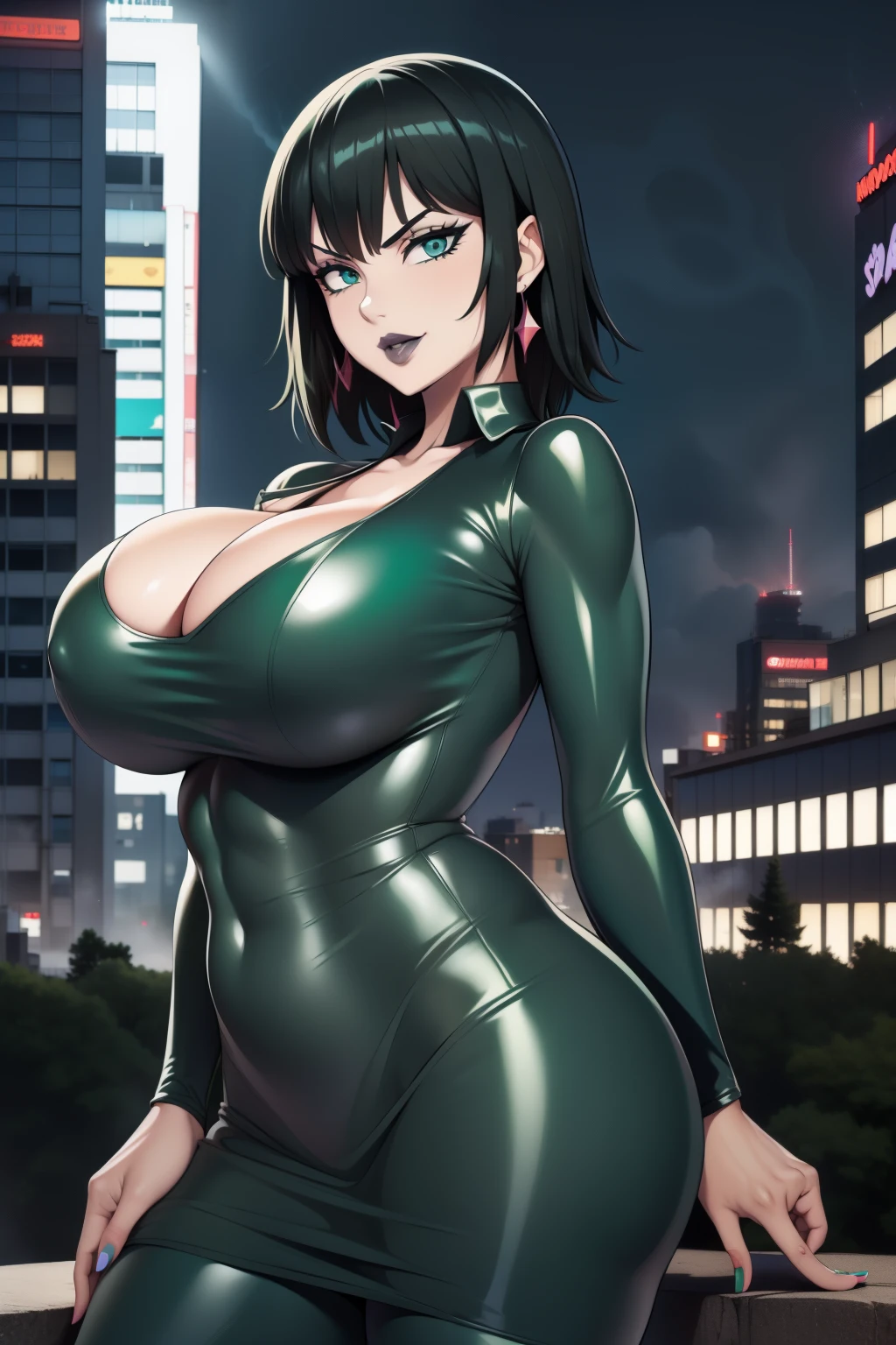 20 year old woman, busty, bubble butt, hourglass figure, skinny, blushing, smug expression, horny, smirk, cocky, short hair, green hair, wavy hair, bangs, wearing chocker, green latex dress, cleavage, middrift, tight fitting clothing, goth, in city, neon city, neo tokyo, anime, flat colors, sexy pose, green and black colour scheme, heavy make up, kissable lips, black lipstick, dark makeup, holding breasts, hand on chest, psychic powers, psychic, energy, winds, tornado, power, Fubuki - Hellish Blizzard