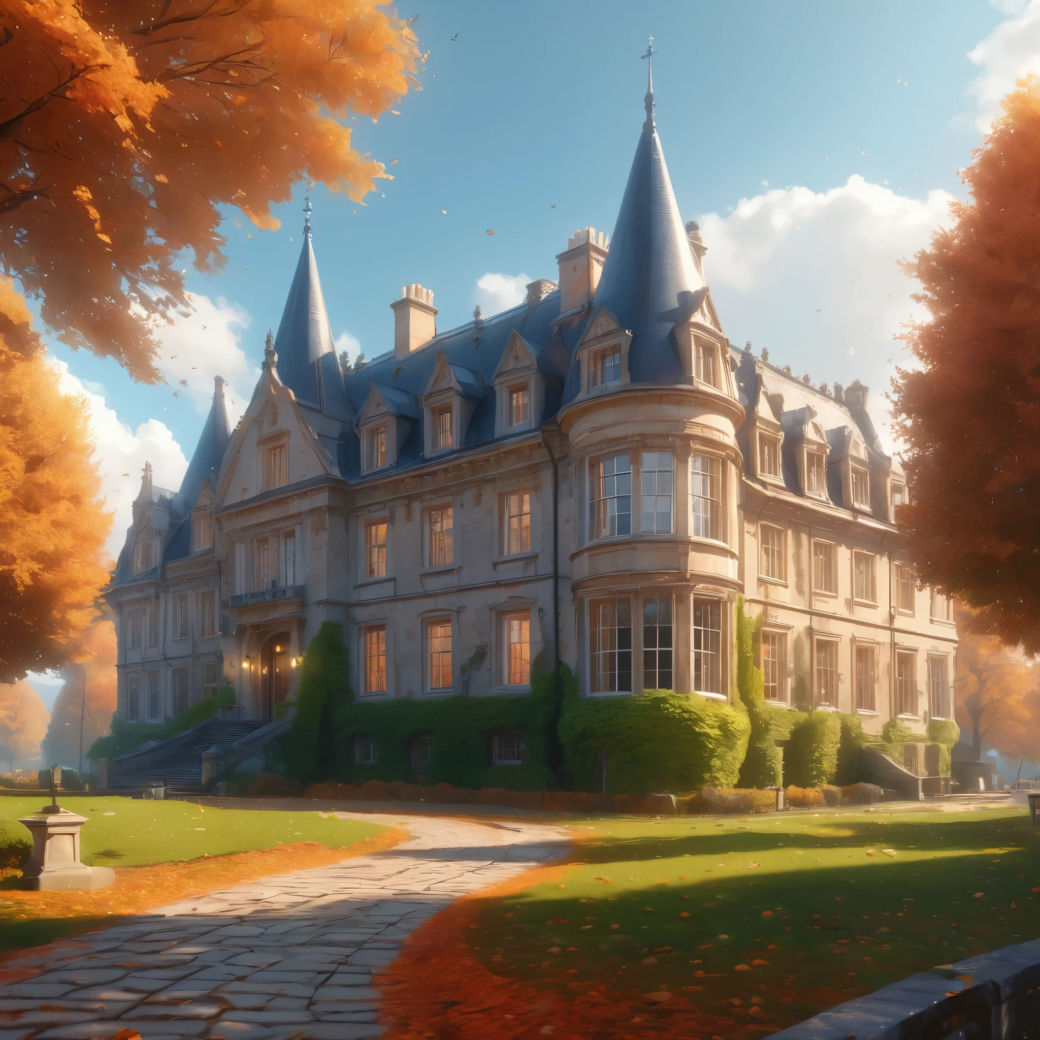 a painting of a building surrounded by trees, beautiful autumn spirit, stunning grand architecture, ultra nd, fancy library, zoomed out photography, stone pathways, fiery, octoberfest, breath taking, university, uniquely beautiful, color splashes, thisset colours, (complementary colors:1.2), (sharp focus:1.1), (Unreal Engine 5:1.2), (CGI:1.2), (high quality:1.2), (4K:1.1), (volumetric lighting:1.2), (highly detailed:1.3), (bloom:1.1), (micro details:1.2), (masterpiece:1.3), (luminescent:1.1), (aesthetic:1.3), (beautiful:1.3), (HDR:1.2), (dynamic composition:1.2), (captivating atmosphere:1.2), (immersive experience:1.3), (innovative design:1.2), (cinematic excellence:1.3), (timeless elegance:1.1), (visual storytelling:1.2), (technological marvel:1.2), (artistic finesse:1.3), (ethereal beauty:1.1), (creative brilliance:1.2)