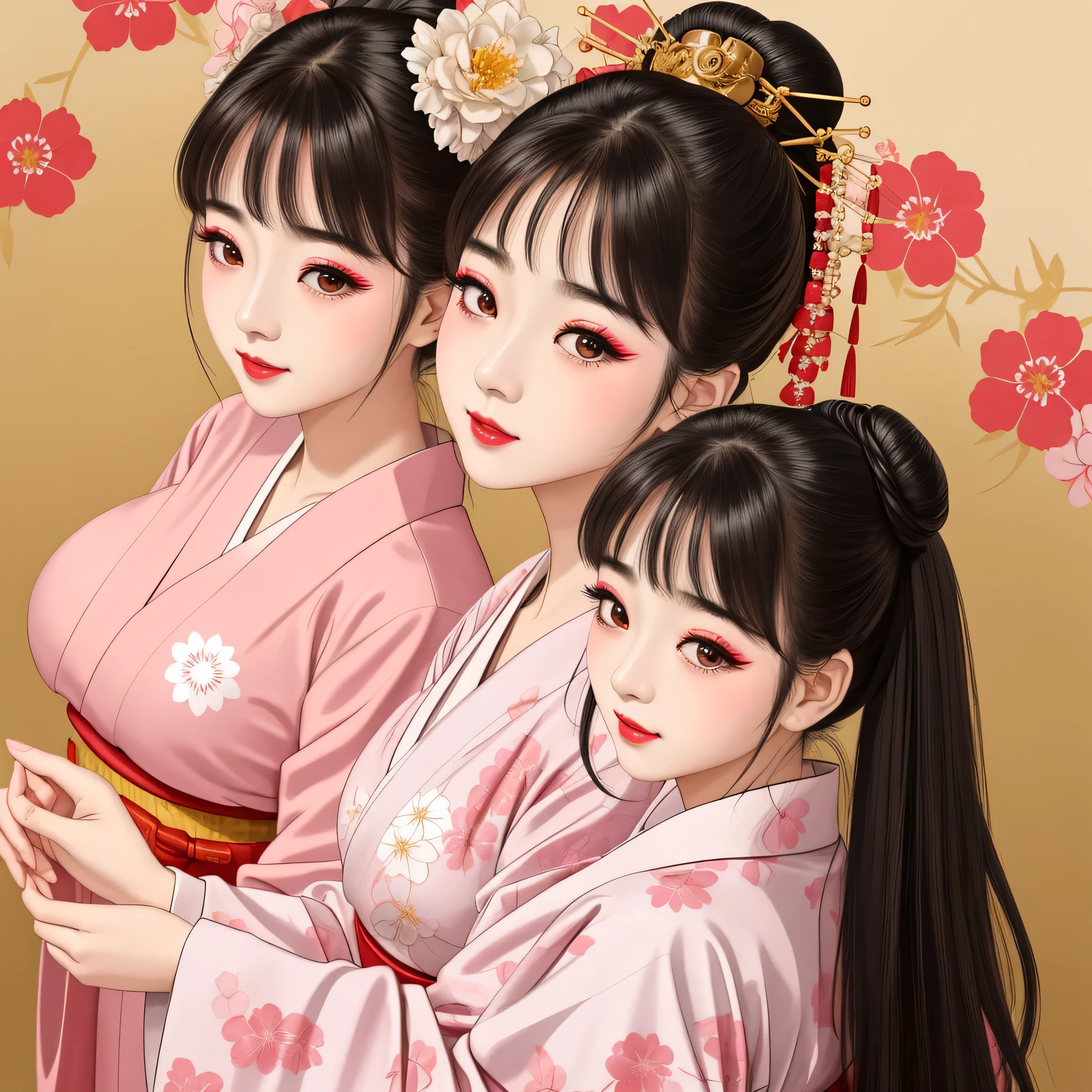 Each has a different expression２People and sisters、(２ girls）、｟Dancing traditional arts with grace)、((Big Breasts、Small Face、Not exposed))、highest quality、masterpiece、（Black Hair、Bun Hair）、Brown Eyes、｟Wide angle、Angle from above the waist、Pause on the magazine cover、Their gazes are different, gazing into the distance｠、(８K High Quality、masterpiece、High resolution、Realistic and beautiful light and shadow、(highest quality)、(High Resolution)、(Very delicate and beautiful)、(Beautiful 8k face)、(With a smile、Beautiful eyes)、(Clear skin)、(Soft hair)、(８Head to Body)、(A Japanese style yukata kimono with red, pink and orange floral patterns on a white background, interspersed with gold powder、Wearing a yukata２Beautiful Japanese girls)、((Tanabata decoration background))、((Small Face))、(arms up)、Thin and small nose、（Red lipstick）、（Make your cheeks red）、（Glossy skin）、((Ink painting style))、Very thin eyebrows、Overall ultra-high image quality、（She is wearing maiko-style makeup.）、Whitening、Long and beautiful eyelashes、Glowing Skin、（Red cheeks）,Straight nose、masterpiece、highest quality、whole body、 Eyebrows visible through hair、Bun Hair、Grin、Gal、Gal、Viewer&#39;s Eyes、Plaid、Stylish、woman、fine、Pause、
Waiting to start 
