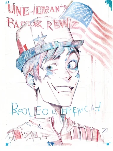 drawing of a man with a hat and a flag on his head, uncomfortable, uncomfortable crooked smile, uncomfortable and anxious, extremely uncomfortable, american exceptionalism, inspired by Takeshi Obata, patriotic!, full color american nightmare, [ conceptual art ]!!, gloomcore illustration, patriotic nihilism, gorillaz art, unnatural grin, 2 d gorillaz