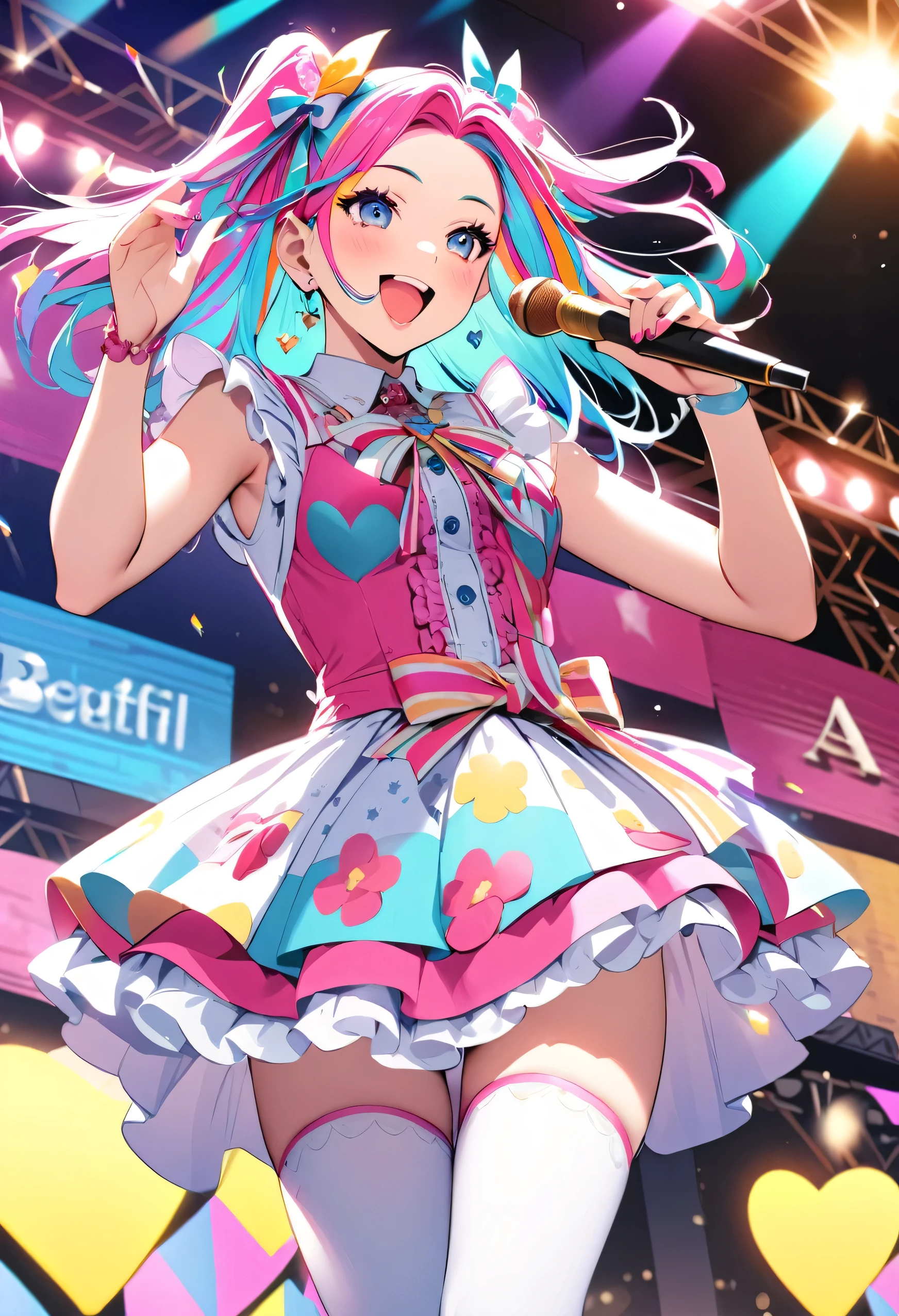 highest quality、High resolution、Detailed Background、 beauty、Detailed face、Brightly colored hair、eye make up、Lip Makeup、Idol-style Sailor Dress、No sleeve、White Stockings、Uplifting、(A beautiful girl is smiling and singing and dancing on stage:1.5)、
Costumes and accessories light up、Bright colors and pop colors、pastel colour、The collar and other parts are decorated with frills and lace.、Floral and heart patterns、Cuteness、hair accessory、ribbon