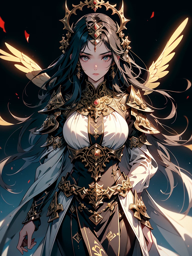 (((masterpiece, best quality, 8k)))A breathtaking artwork of a female character of unimaginable beauty ((perfect face features)), set in a dark and opulent environment. The full-body view reveals an impressive figure, exuding an aura of power and mystery. She wears black and gold clothes, radiating a luxurious darkness. Her armor is detailed and characteristic, with intricate golden designs that shimmer in the dim light. Ornate shoulder pads protect her shoulders, and the armor perfectly molds to her body, accentuating her formidable presence.Her long black hair flows like a river of darkness, contrasting with her mesmerizing scarlet eyes. Her beauty is almost supernatural, a perfect blend of grace and menace. She wields a cursed blade that seems to pulse with malevolent energy, enhancing her aura of danger.The setting around her is a gothic and luxurious environment, with dark arches and stained glass windows that filter a supernatural light. In the background, candles flicker, casting dancing shadows on the intricately carved stone walls. It is a place that blends elegance and terror, perfectly reflecting the essence of the character.
