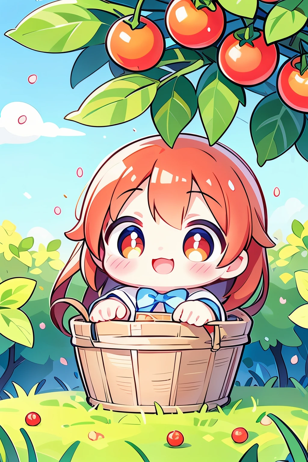 Photorealistic、Chibi Girl（Harvesting cherry tomatoes、A lot of cherry tomatoes in a basket、smile）