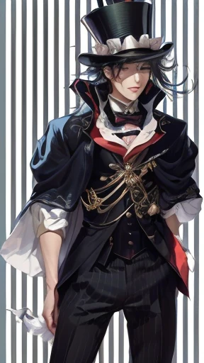 a drawing of a man in a top hat and a top hat, ((wearing aristocrat robe)), inspired by Yamagata Hiro, inspired by Okumura Masanobu, inspired by Kawabata Ryūshi, digital art from danganronpa, dapper dream demon, inspired by Kamisaka Sekka, !!full body portrait!!
