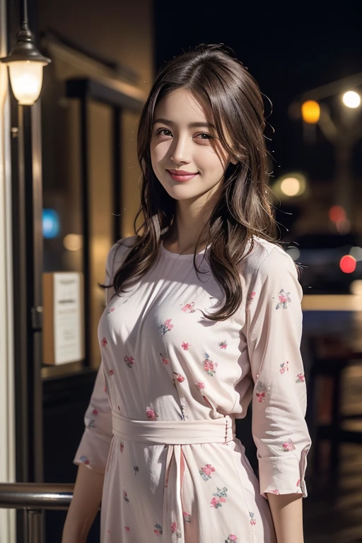 (8k, highest quality, masterpiece:1.2), (Realistic, photo-Realistic:1.37), Very detailed,((( 1 girl))),alone,beautiful and detailed sky,Detailed cafe,night,Are standing,date,(Blushing your nose),(smile:1.15),(Closed Mouth) Small breasts,beautiful and fine eyes,(shirt:1.1), night, Wet, rain, Floral One Piece Dress, (Medium Hair:1.2),Floating hair NovaFrogStyle, ((whole body)),stand, sexy, beautiful