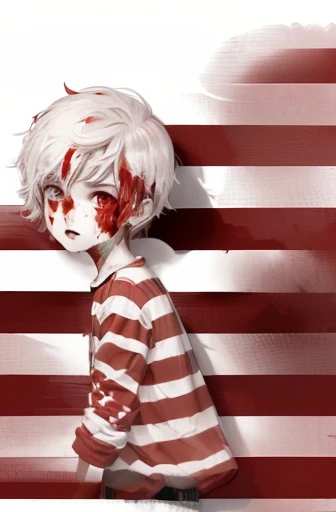 a drawing of a boy with a red and white striped shirt, red and white stripes, ((red)) baggy eyes, raised a bloody american flag, white stripes all over its body, inspired by Waldo Peirce, stripes, patriotic!, waldo, crimson themed, monochrome and red color bleed, inspired by Junsaku Koizumi, fanart