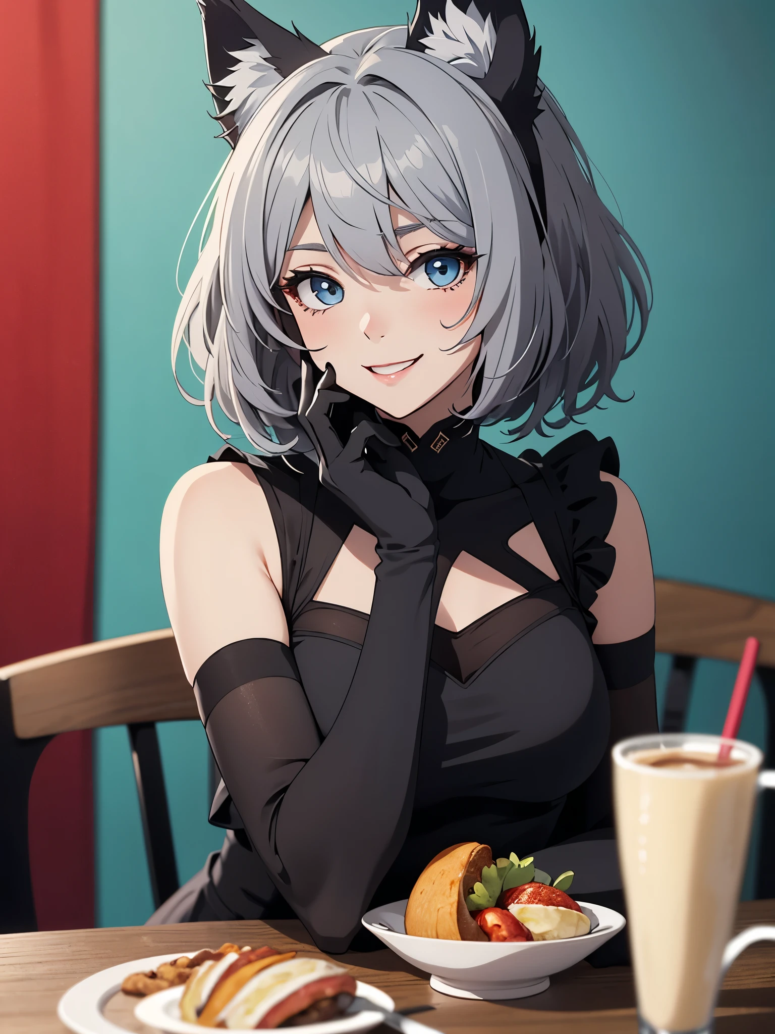 table top best image quality wonderful high detail One Young Woman((adult))anime style black dress(sleeveless) black long gloves(elbow gloves) black pantyhose(Plain color) wolf ears short hair((shortcut)(gray hair)(curly hair)(fluffy)) smile(red cheeks) eye color is blue background(Cafe)