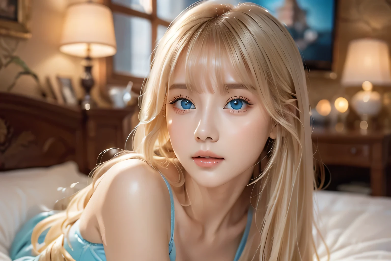 A very white and beautiful 20-year-old blonde girl、masterpiece, highest quality, shape, Ultra-fine detail, Naturally shiny platinum blonde、Super long straight silky hair、Super long hair like Rapunzel、Hair tangled all over the body、bangs over eyes、bangs on the face、Messy bangs、High resolution, 8K TV Wallpaper, Perfect dynamic composition, Big, bright, light blue eyes that shine beautifully、Very big eyes、of hotel(bed)、Small Face Beauty、Round face、double eyelid、Cheek gloss highlighter、On all fours