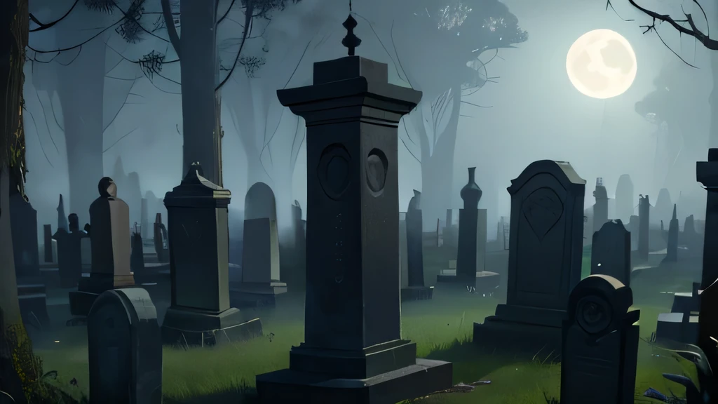 a detailed old cemetery, gravestones, fog, moonlight, moody atmosphere, gothic style, dramatic lighting, long shadows, overgrown vines, cracked and weathered headstones, ornate carvings, cobwebs, dark and eerie, (best quality,8k,highres,masterpiece:1.2),ultra-detailed,(realistic,photorealistic,photo-realistic:1.37),dark moody colors, gloomy, dramatic, cinematic