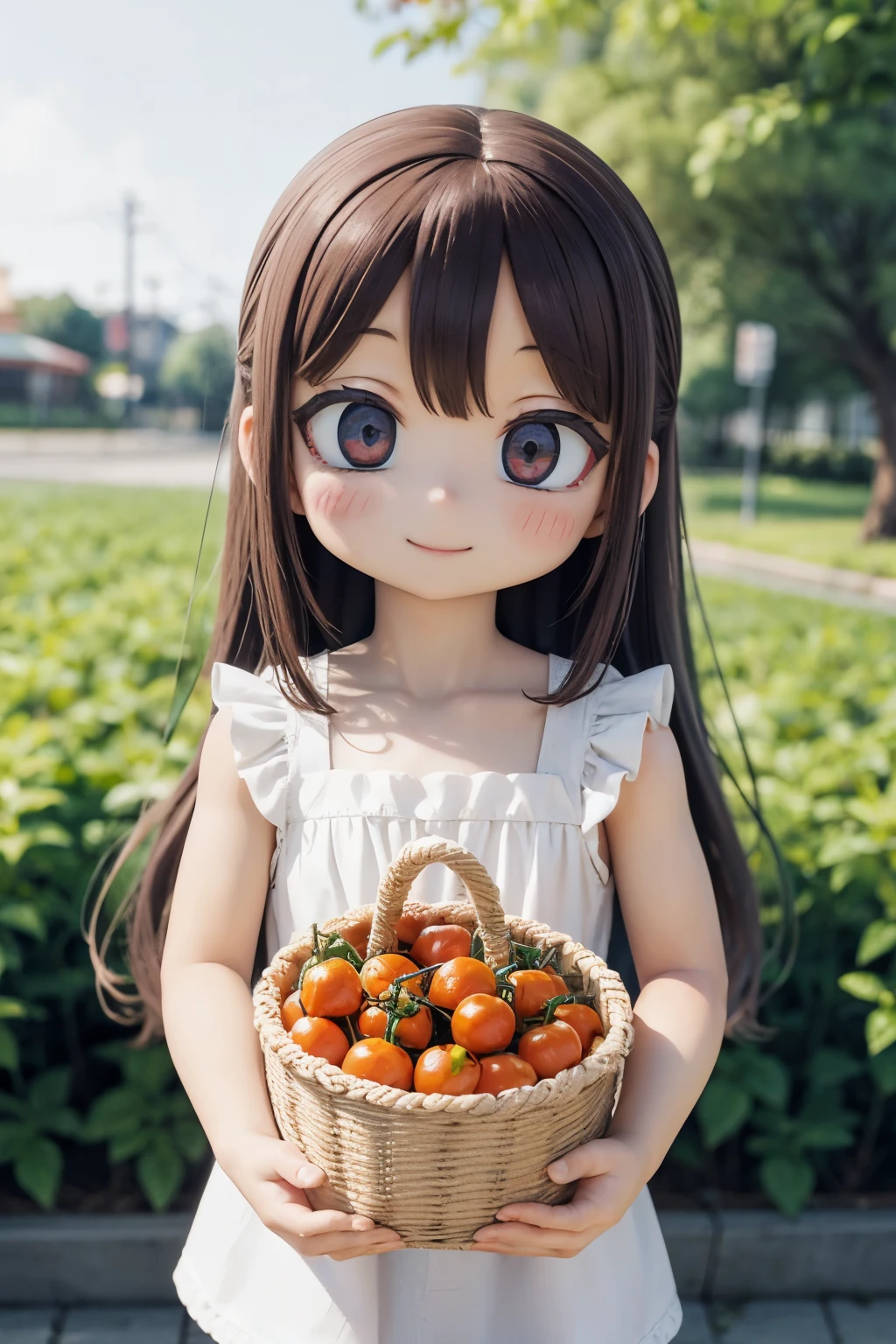 Photorealistic、Chibi Girl（Harvesting cherry tomatoes、A lot of cherry tomatoes in a basket、smile）