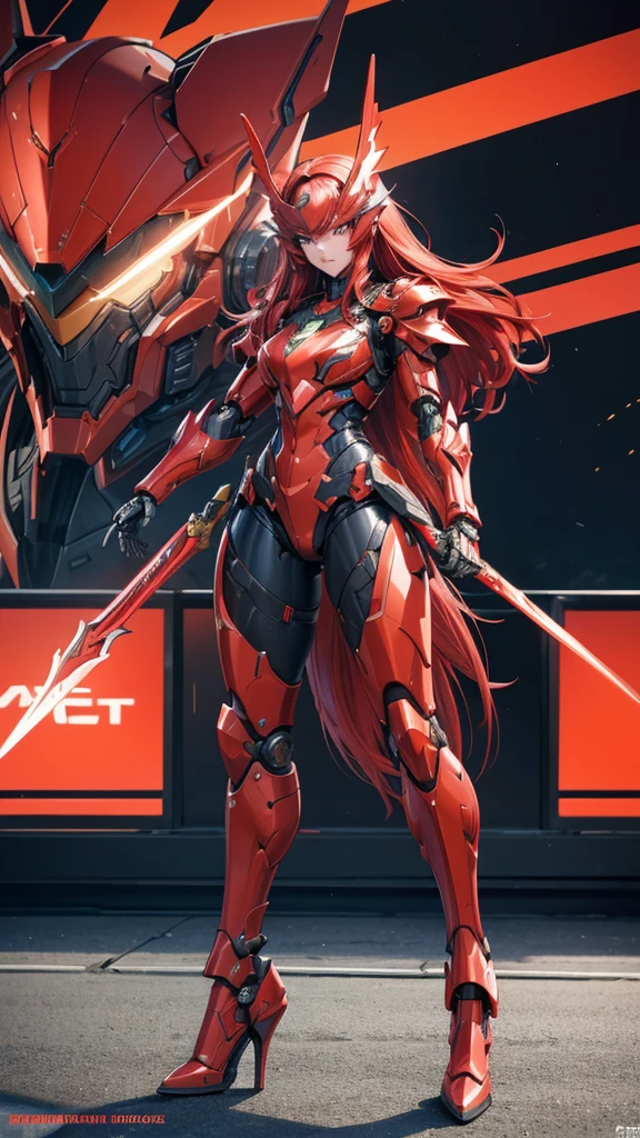 long red hair,Large female robot , Sci-fi fluorescent armor,helmet ,,chest,female body,Mechanical joints,wing,thigh, High heel, Standing,front,sci-fi sword,City(masterpiece, best quality, high quality, High resolution, Extremely detailed),
