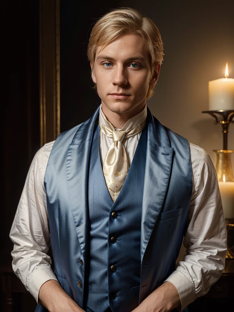 Joseph Smith, male, about 25, white skin, gold hair, neatly combed, shining blue eyes, dark tapestry waistcoat of 1840, white satin cravat, portrait, realistic, candlelight