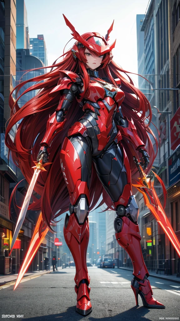 long red hair,Large female robot , Sci-fi fluorescent armor,helmet ,,chest,female body,Mechanical joints,wing,thigh, High heel, Standing,front,sci-fi sword,City(masterpiece, best quality, high quality, High resolution, Extremely detailed),