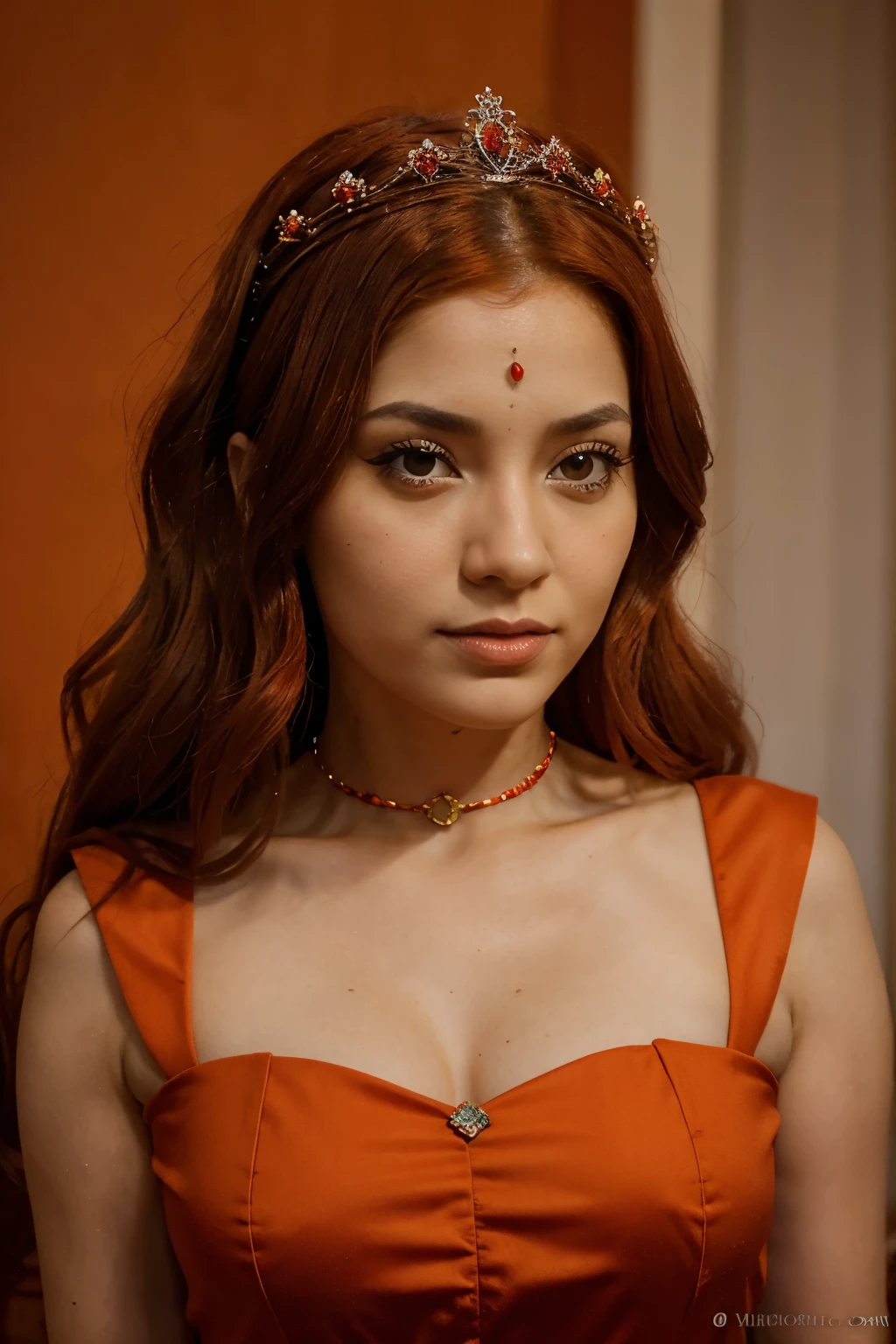 Chica pelirroja de ojos morados viste un vestido naranja y una tiara en la cabeza