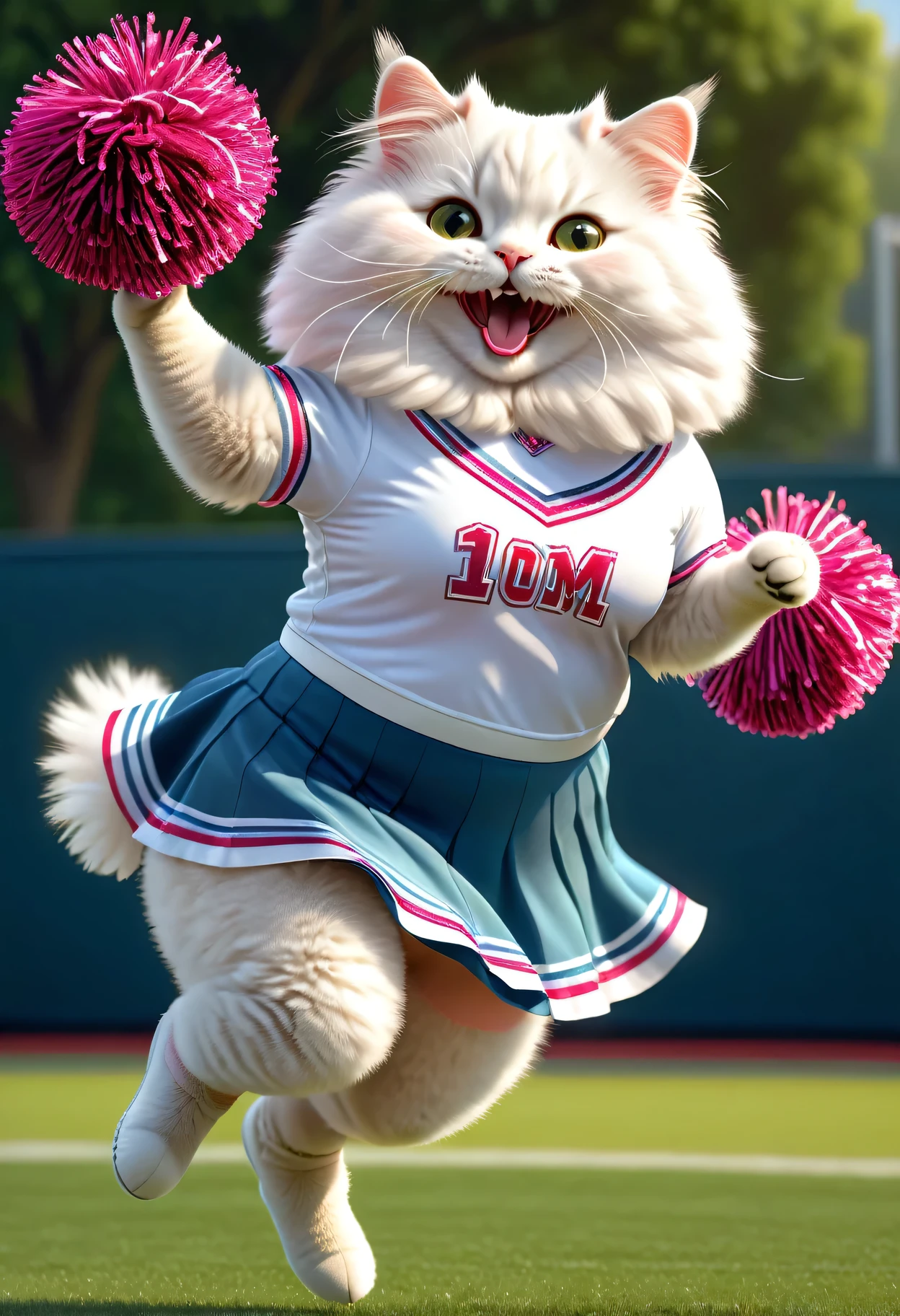 photorealistic portrait of Dressed animals - a ((fat)) angora cat cheerleader ,(action pose:1.5),(jumping:1.2),(happy smile),(furry), high quality,(lovely) ,intricate detailed decorations, highly detailed (cheerleader wear), skirt and underwear, holding pom-pom, grass sports field background , (happy), perfect lighting,(full body image:2.0)