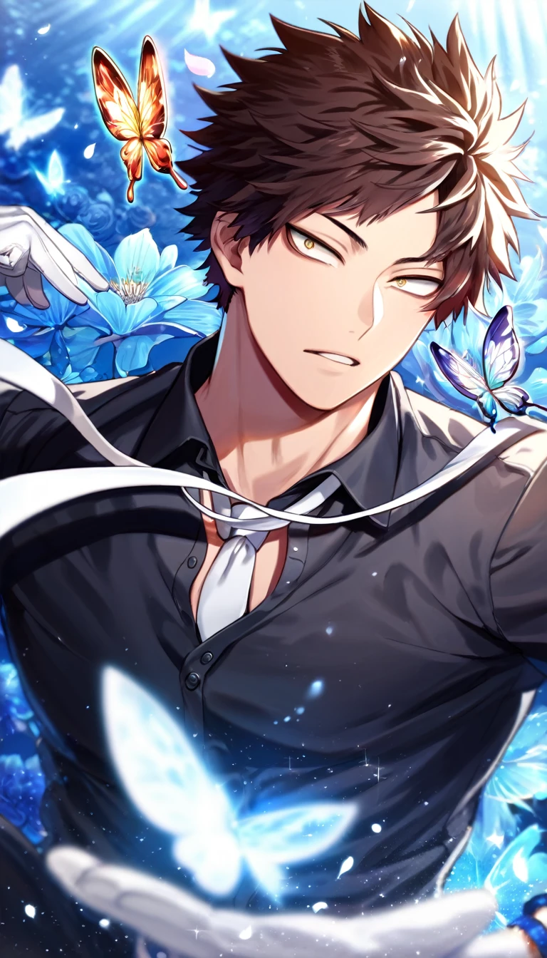 Ultra detailed, HDR, Highres, absurdres, master piece, Chisaki Kai, Overhaul, brown hair, short hair, expressive golden eyes, black shirt, white necktie, Boku No Hero Academia, glittering silver butterflies, petals, blue flowers, handsome, sexy man, toned chest, extremely detailed face and eyes, glittering, blue background, perfect face, best quality, blue rain, blue water, black pants,