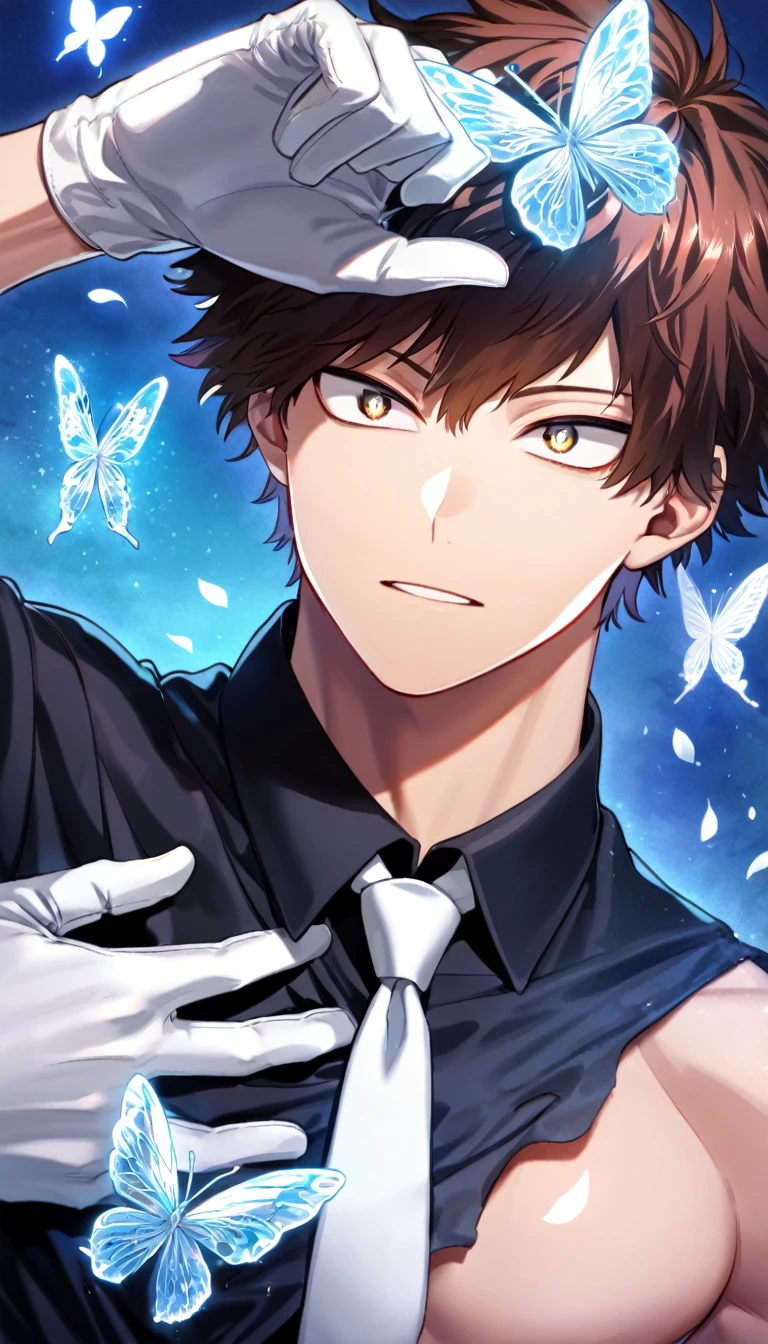 Ultra detailed, HDR, Highres, absurdres, master piece, Chisaki Kai, Overhaul, brown hair, short hair, expressive golden eyes, black shirt, white necktie, white gloves, Boku No Hero Academia, glittering silver butterflies, petals, blue flowers, handsome, sexy man, toned chest, extremely detailed face and eyes, glittering, blue background, perfect face, best quality, blue water, magical, fantasy