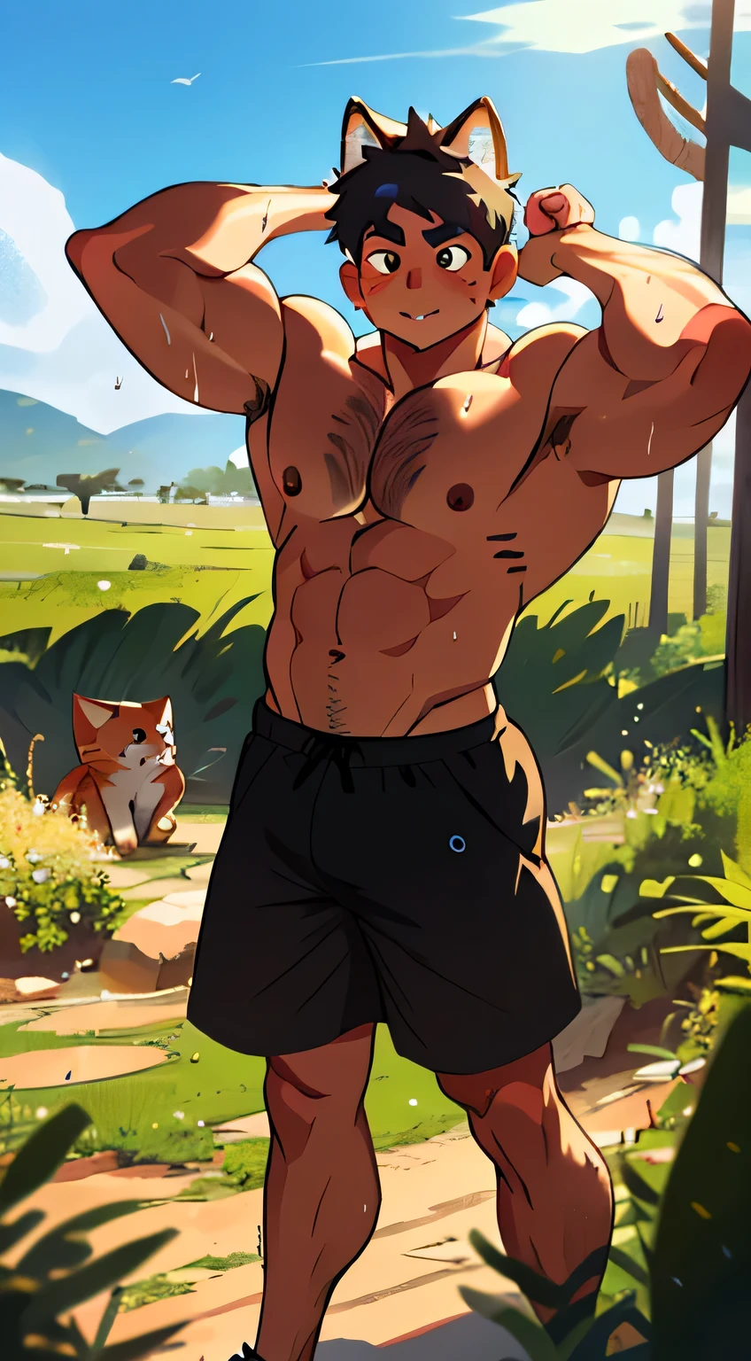 (masutepiece, Best Quality),1boy,(16 year old boy,child-faced),ancient Egyptian,delicate big eyes,Open your eyes,tanned smooth and delicate skin,infancy,young age,short round face,Flat chin,finely detaild face,Muscular arms,shorth hair,vivd colour,(depth of fields:1.2),looking at viewert,A desert, shirtless, sweating, cat ear, ((realistic quality, hd quality, extremely detailed image))