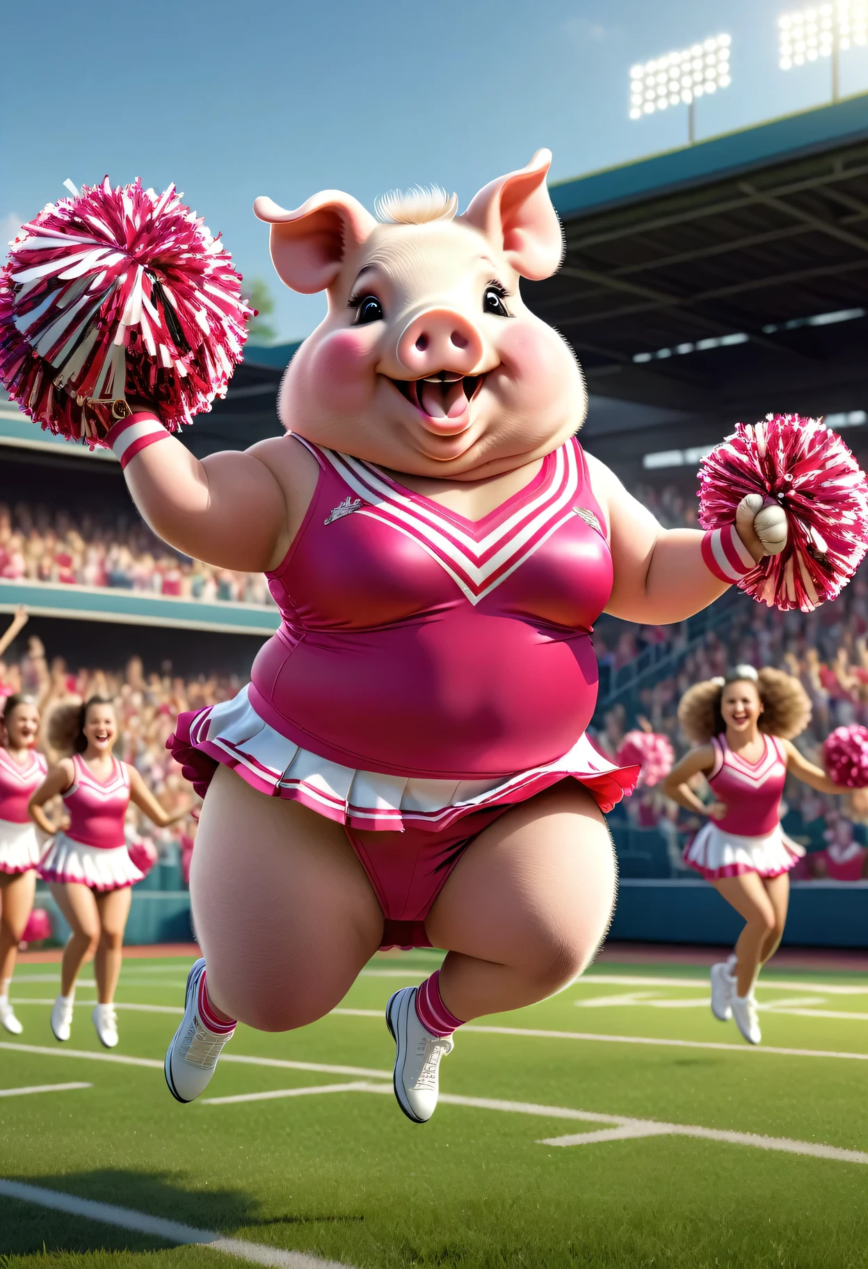 photorealistic portrait of Dressed animals - a ((fat)) pig cheerleader ,(action pose:1.5),(jumping:1.2),(happy smile),(furry), high quality,(lovely) ,intricate detailed decorations, highly detailed (cheerleader wear), skirt and underwear, holding pom-pom, grass sports field background , (happy), perfect lighting,(full body image:2.0)