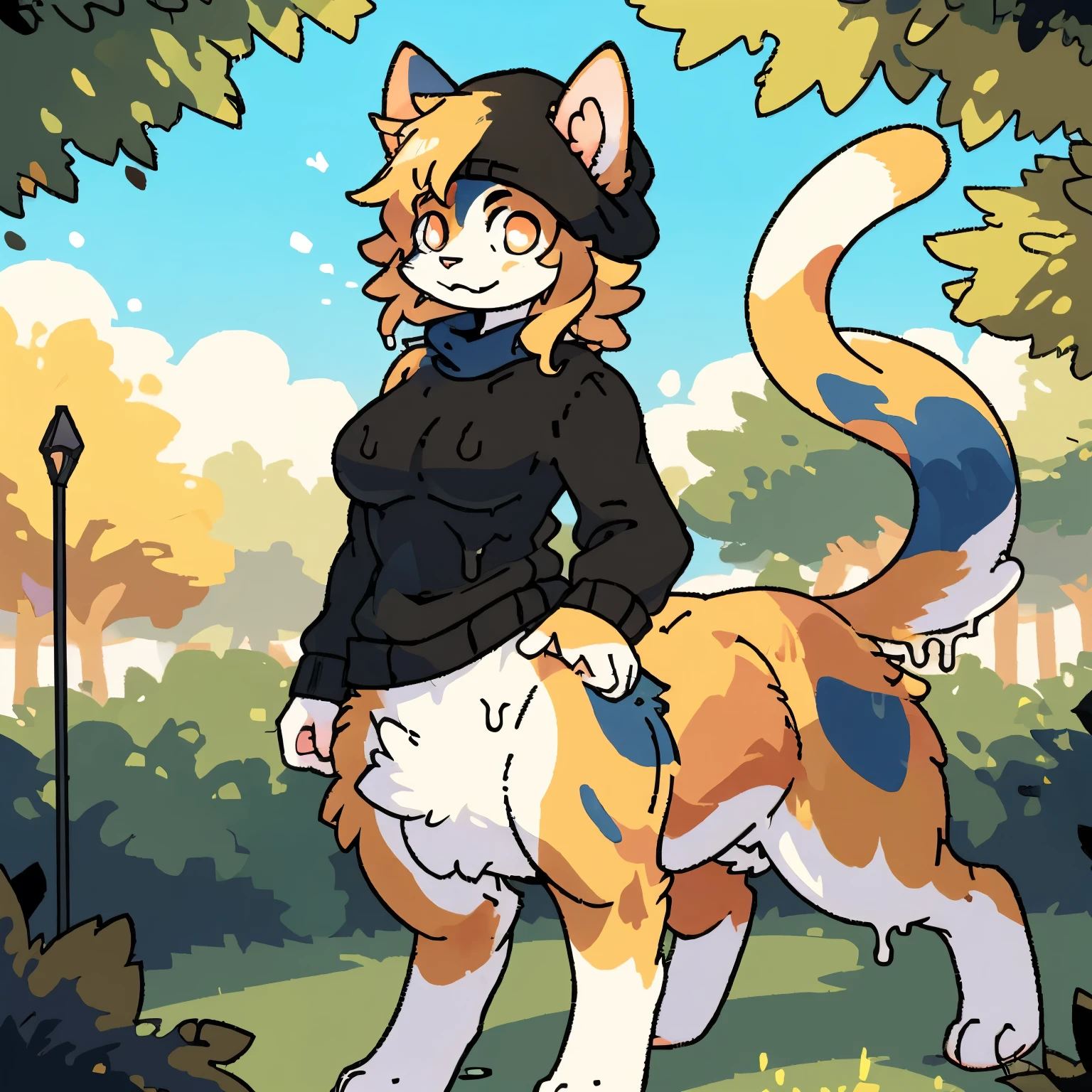 1girl, furry, fursona, fur, calico cat, anthropomorphic cat, anthro cat, (full body), 4k, 8k, 16k, highres, masterpiece, best quality, highres, park, (((calico cat taur))), (((taur))), medium breasts, (((standing))), cute, (black beanie), (black sweater), (black halo), orange eyes, (((changed style))), slime, goo, dripping, melting