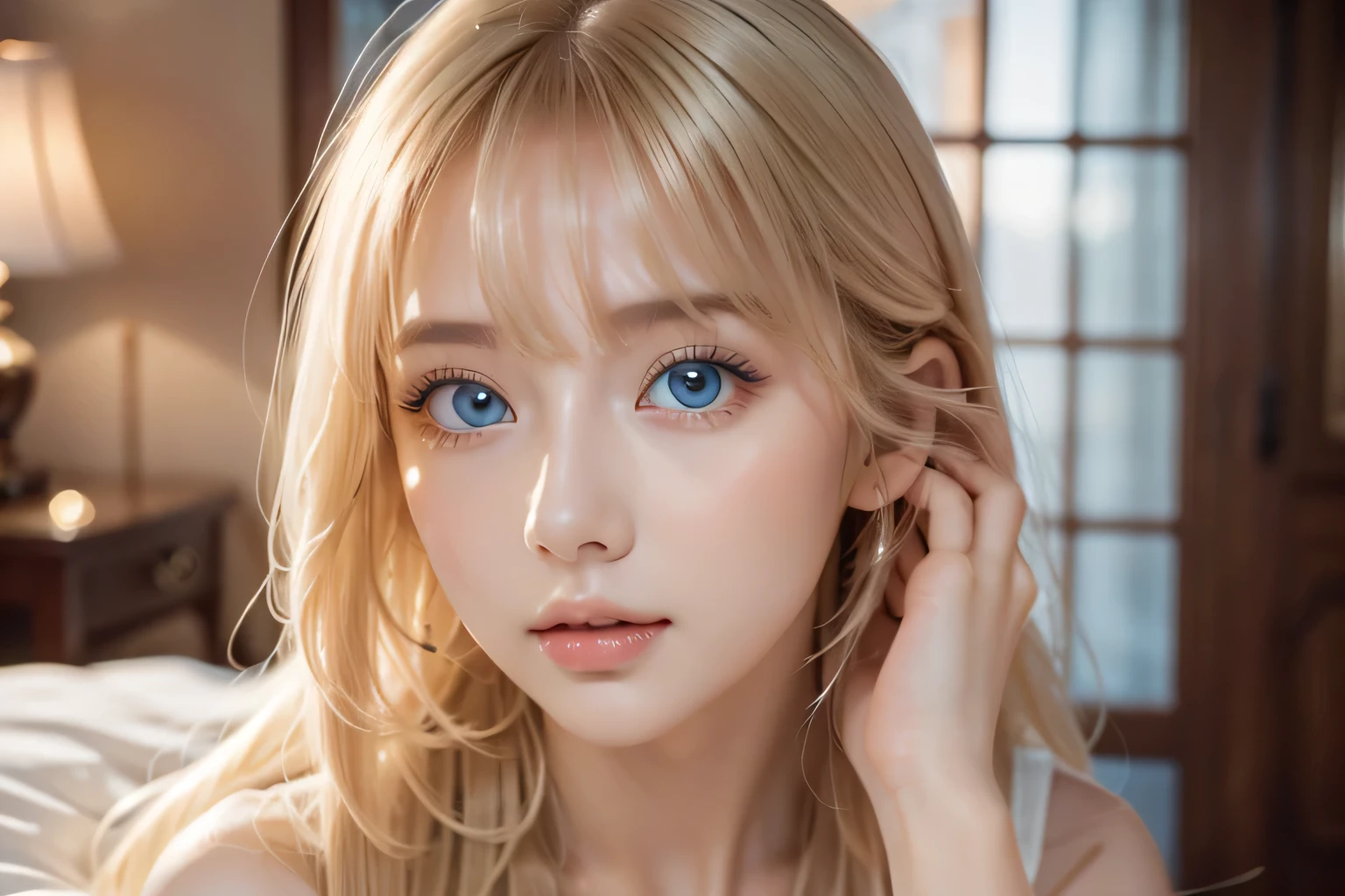 A very white and beautiful 20-year-old blonde girl、masterpiece, highest quality, shape, Ultra-fine detail, Naturally shiny platinum blonde、Super long straight silky hair、Super long hair like Rapunzel、Hair tangled all over the body、bangs over eyes、bangs on the face、Messy bangs、High resolution, 8K TV Wallpaper, Perfect dynamic composition, Big, bright, light blue eyes that shine beautifully、Very big eyes、of hotel(bed)、Small Face Beauty、Round face、double eyelid、Cheek gloss highlighter、On all fours