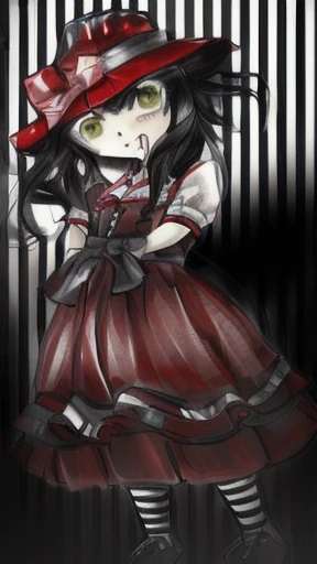 a drawing of a girl in a red hat and dress, grayscale phtoto with red dress, !!full body portrait!!, gapmoe yandere grimdark, digital art from danganronpa, dressed in a frilly ((ragged)), junko enoshima from danganronpa, fanart, inspired by Alfred Freddy Krupa, full body!