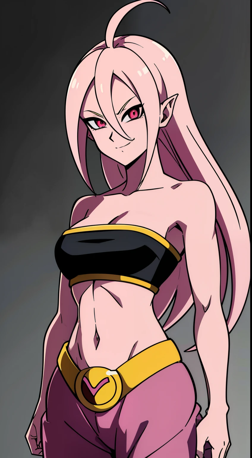 (high-quality, breathtaking),(expressive eyes, perfect face) Symmetrical Eyes, portrait, dragon ball z super, 1girl, female, alien, Majin Race, FMajin, Female Majin Buu, (pink skin:1.1), bubblegum pink skin color, red colored skin, smiling,(black sclera:1.2), red eyes, tentacle hair, baggypants, belt, black tube top, midriff, bare shoulders, alien, M, shoulder holes, standing, no nose, grey background, long length hair, wavy hair, hair between eyes
