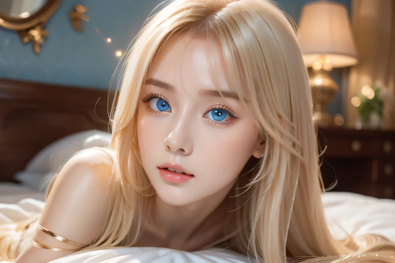 A very white and beautiful 20-year-old blonde girl、masterpiece, highest quality, shape, Ultra-fine detail, Naturally shiny platinum blonde、Super long straight silky hair、Super long hair like Rapunzel、Hair tangled all over the body、bangs over eyes、bangs on the face、Messy bangs、High resolution, 8K TV Wallpaper, Perfect dynamic composition, Big, bright, light blue eyes that shine beautifully、Very big eyes、of hotel(bed)、Small Face Beauty、Round face、double eyelid、Cheek gloss highlighter、On all fours