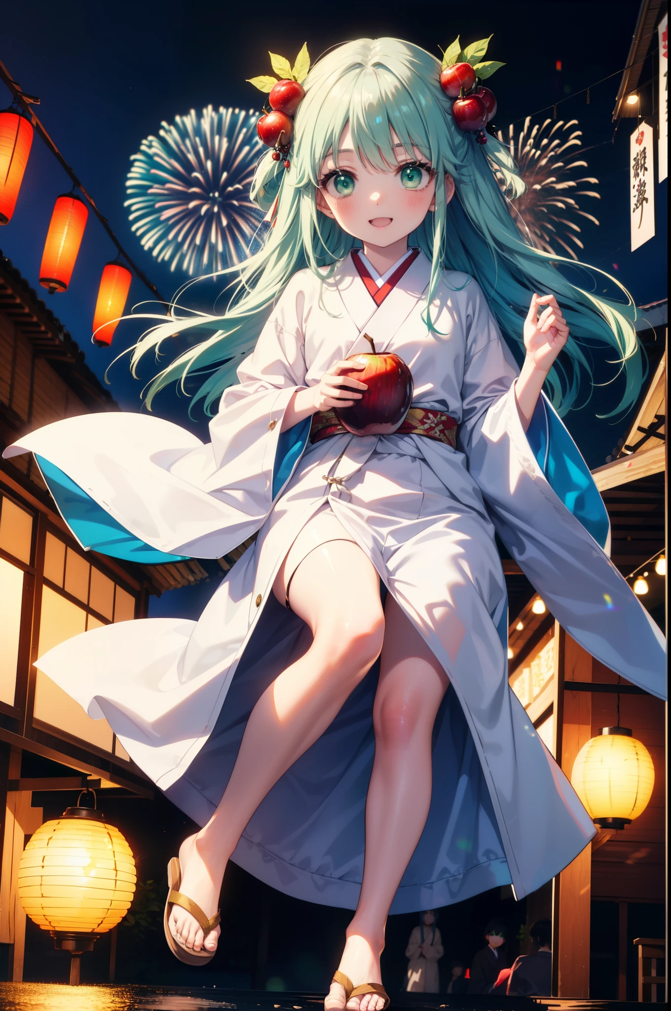 index, index, (Green Eyes:1.5), Blue Hair, Long Hair, (Flat Chest:1.2),smile,blush,Happy atmosphere,Open your mouth,Long Hair,Hair tied up,White bathrobe,Long sleeves,mini skirt,Sandals,White tabi,night空の花火,Fireworks display,Japanese Festivals,Summer festival food stalls,Red Lantern, night,whole bodyがイラストに入るように,Looking down from above,Holding a candy apple in his right hand,
break outdoors, shrine,                                              break looking at viewer,whole body,
break (masterpiece:1.2), highest quality, High resolution, unity 8k wallpaper, (shape:0.8), (Beautiful and beautiful eyes:1.6), Highly detailed face, Perfect lighting, Highly detailed CG, (Perfect hands, Perfect Anatomy),