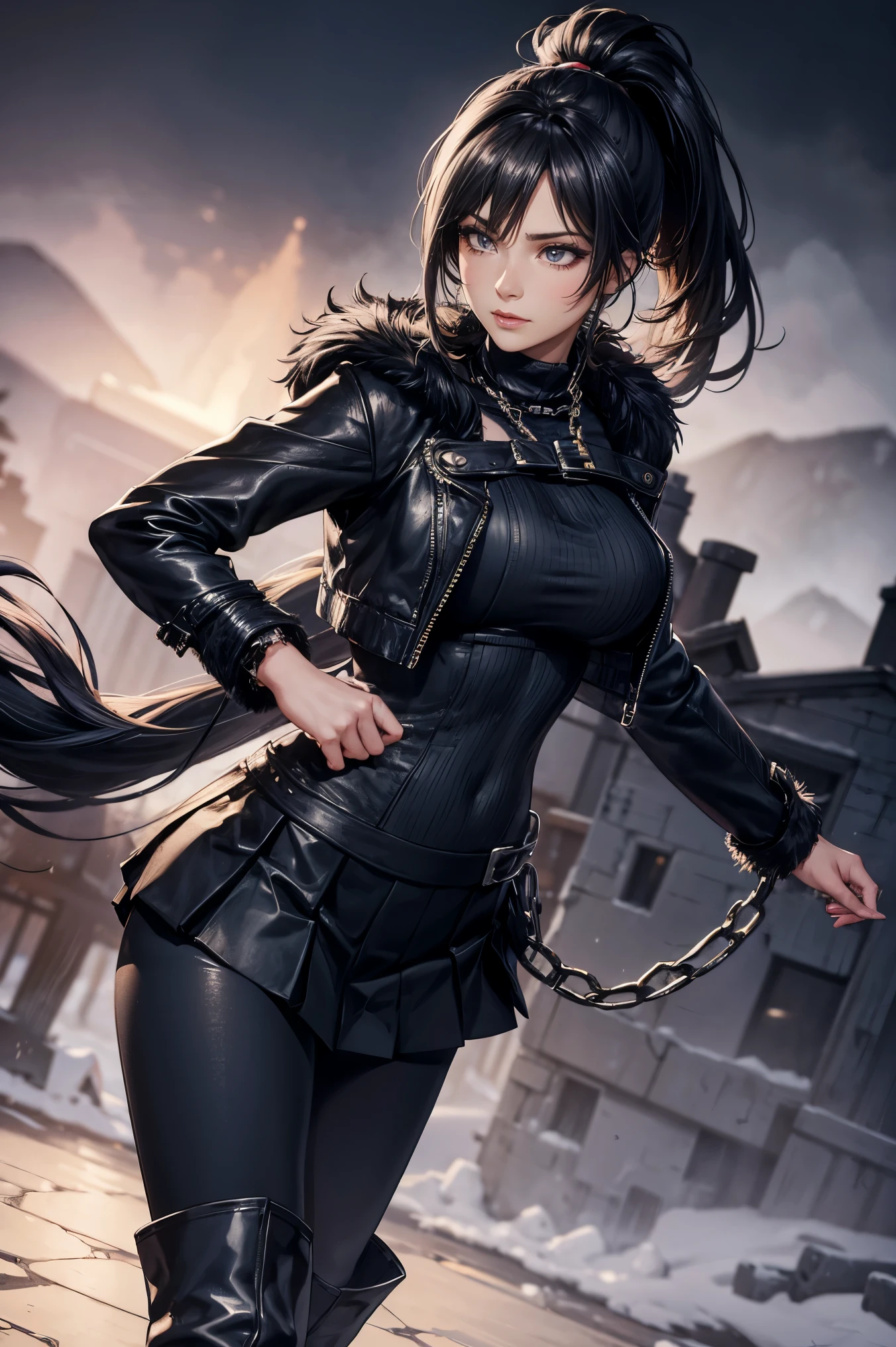 a woman, leggings, pleated skirt, sports top, high ponytail, high boots, long fur jacket, on a foggy moonlit night in a ghost town, detailed face, hyper detailed eye's, detailed lips, , with a metal chainned-colar in the neck, lineart