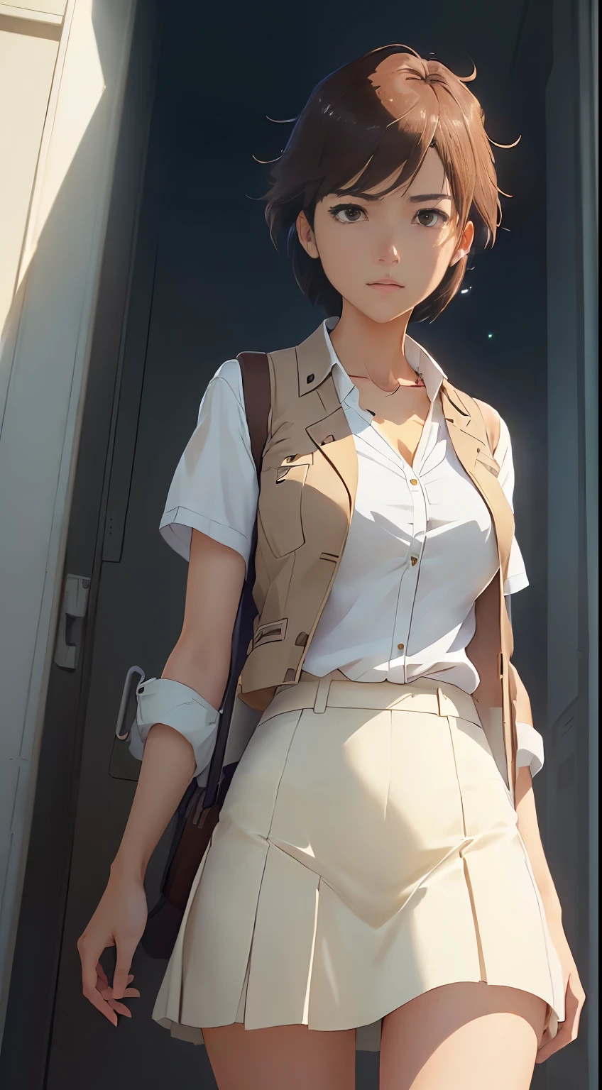 A western-style girl wearing a white shirt, brown skirt and brown vest, Makoto Shinkai. Female Space Detective Annie、Naomi Morinaga、White panties、Beautiful panties、Digital Rendering, a Surreal , Surreal , Makoto Shinkai and artgerm, Smooth anime CG art, Makoto Shinkai. High detail, Painted in an anime artist&#39;s studio, Makoto Shinkai ( Apex Legends ), Very detailed fan art