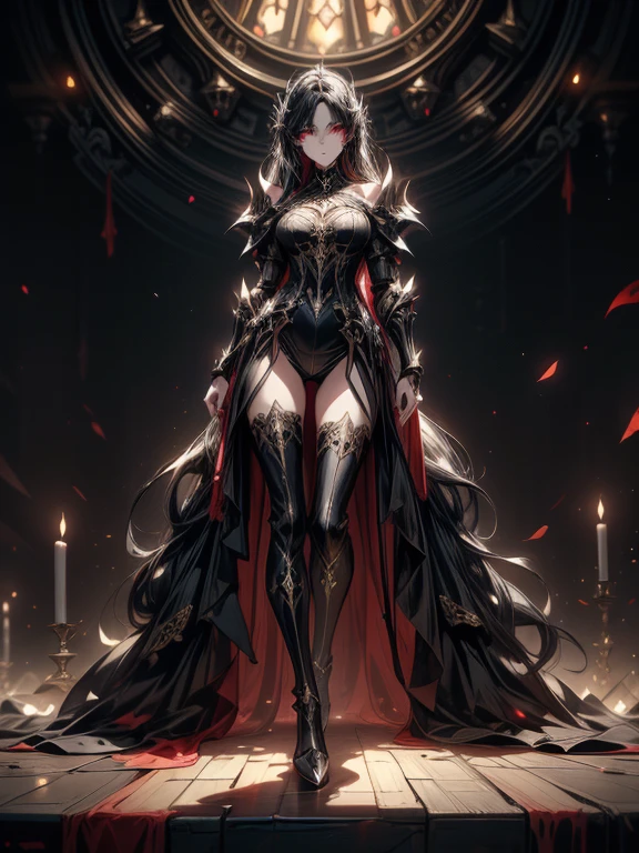((masterpiece, best quality, 8k))A breathtaking artwork of a female character of unimaginable beauty(perfect face features), set in a dark and opulent environment. The ((full-body)) view reveals an impressive figure, exuding an aura of power and mystery. She wears black and gold clothes, radiating a luxurious darkness. Her armor is detailed and characteristic, with intricate golden designs that shimmer in the dim light. Ornate shoulder pads protect her shoulders, and the armor perfectly molds to her body, accentuating her formidable presence.Her long black hair flows like a river of darkness, contrasting with her mesmerizing scarlet eyes. Her beauty is almost supernatural, a perfect blend of grace and menace. She wields a cursed blade that seems to pulse with malevolent energy, enhancing her aura of danger.The setting around her is a gothic and luxurious environment, with dark arches and stained glass windows that filter a supernatural light. In the background, candles flicker, casting dancing shadows on the intricately carved stone walls. It is a place that blends elegance and terror, perfectly reflecting the essence of the character.