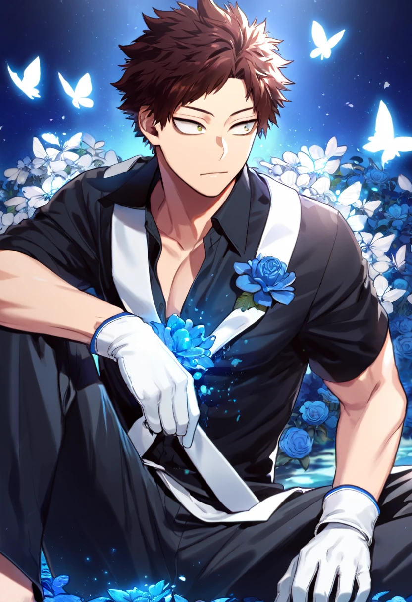 Ultra detailed, HDR, Highres, absurdres, master piece, Chisaki Kai, Overhaul, brown hair, short hair, expressive golden eyes, black shirt, white necktie, white gloves, Boku No Hero Academia, glittering silver butterflies, petals, blue flowers, handsome, sexy man, toned chest, extremely detailed face and eyes, glittering, blue background, perfect face, best quality, blue water, magical, fantasy, sitting, black pants,