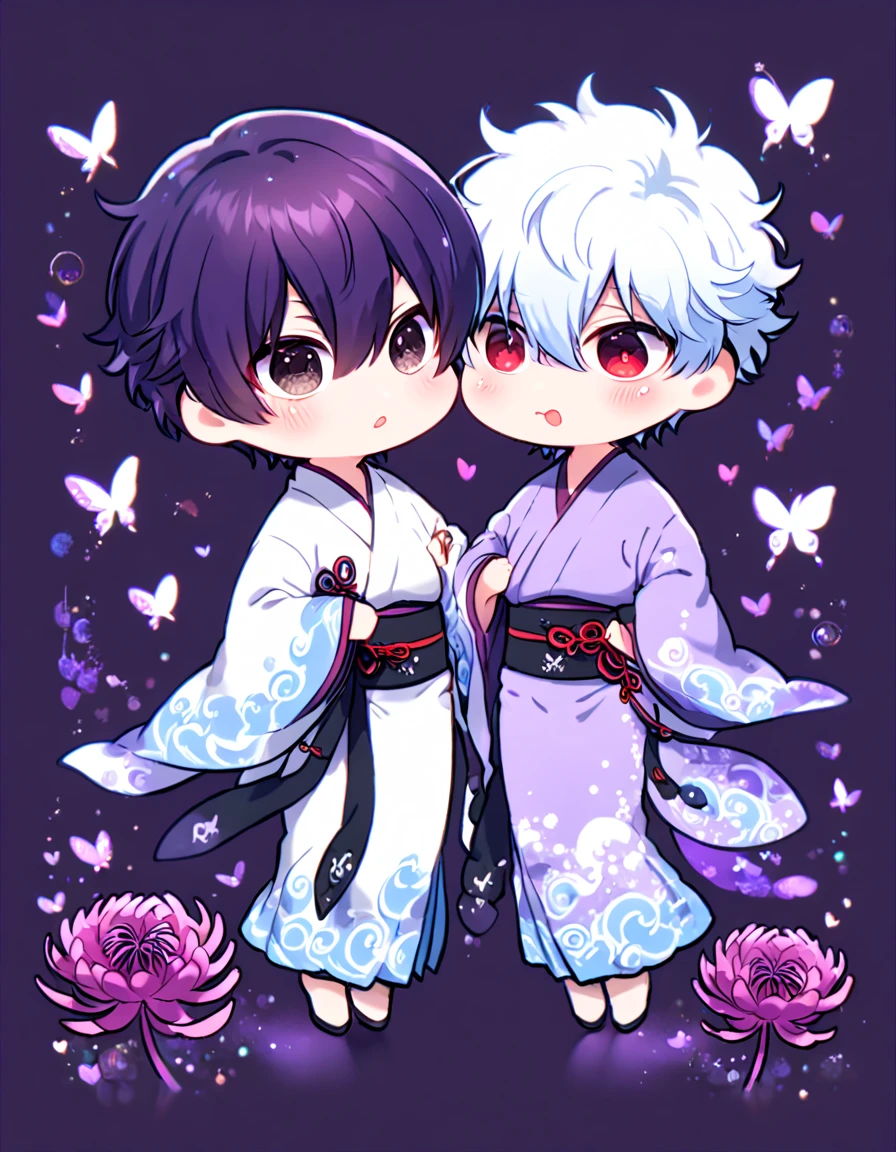 absurdres, highres, ultra detailed, HDR, master piece, best quality, Takasugi Shinsuke chibi, dark purple hair, hair over the left eye, expressive brown eyes, Gintama, Sakata Gintoki chibi, white hair, expressive red eyes, gay couple, yaoi, white kimono, purple kimono, patterns, magical, fantasy, purple background, purple spider lilies, shining, purple petals, purple sparkling butterflies, purple water