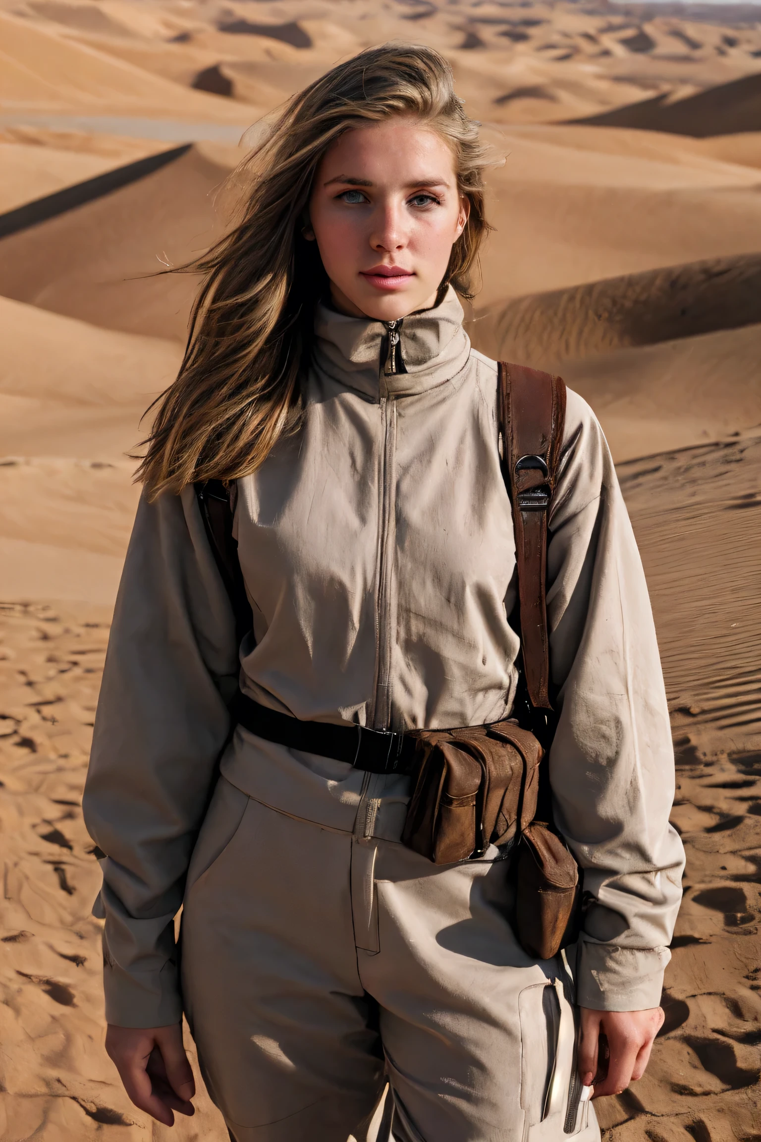 A photo of a blonde 25-year-old woman with sharp grey eyes and brown hair, wearing post-apocalyptic desert clothes, in a dune desert. 4k