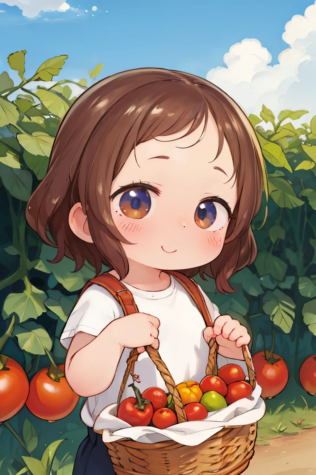 Photorealistic、Chibi Girl(Harvesting cherry tomatoes、A lot of cherry tomatoes in a basket、smile)