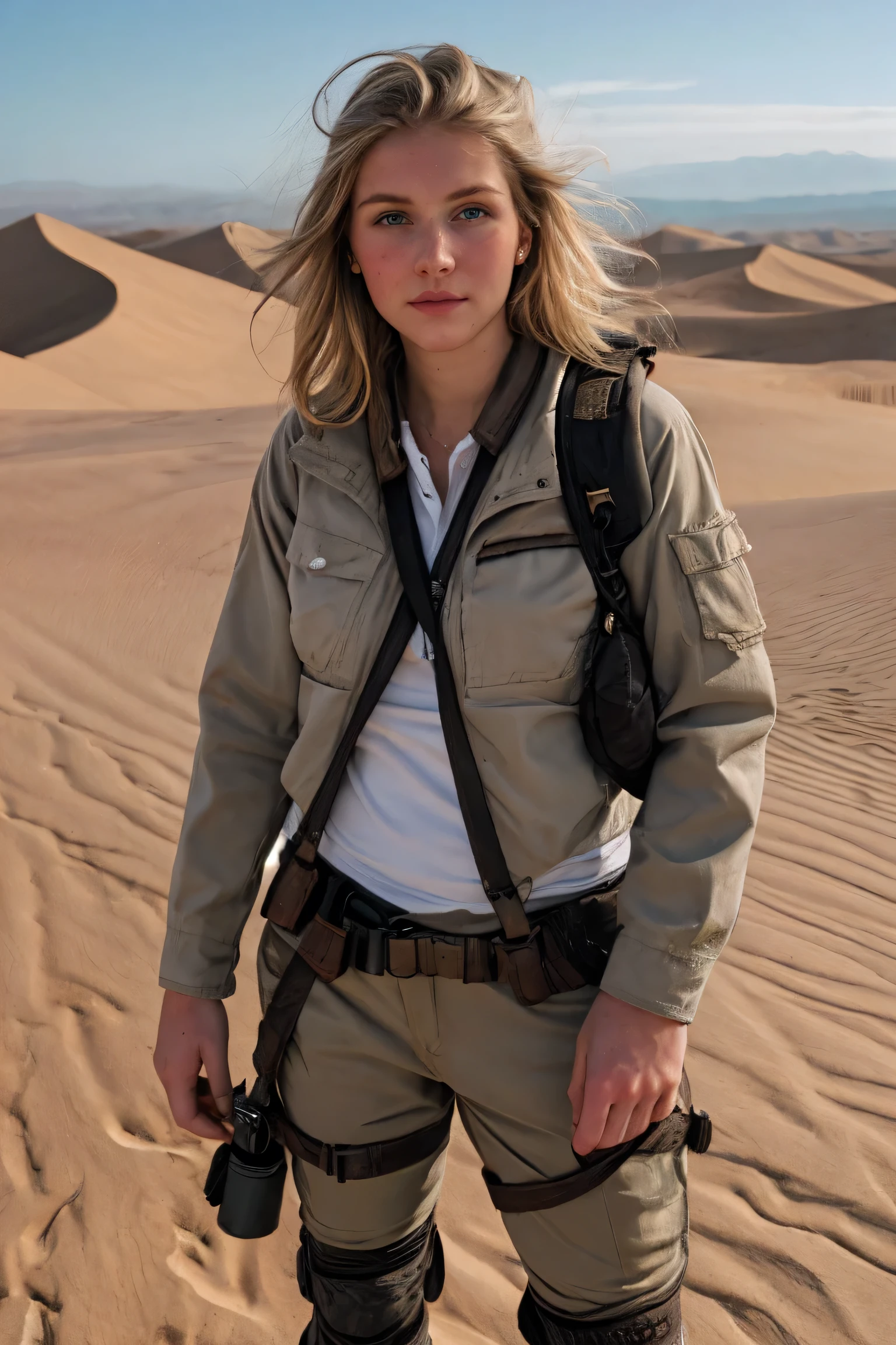 A photo of a blonde 25-year-old woman with sharp grey eyes and brown hair, wearing post-apocalyptic desert clothes, in a dune desert. 4k
