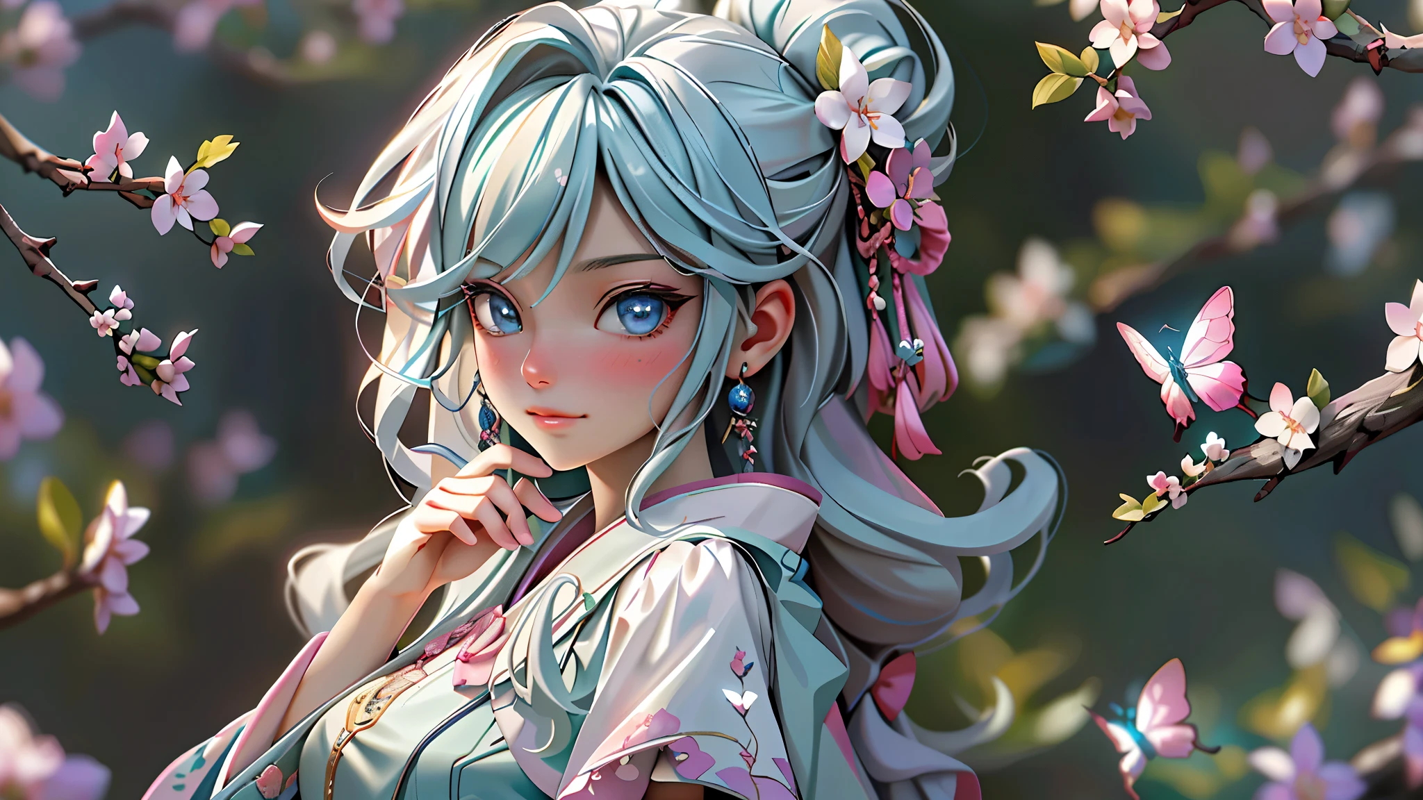 (highest quality, 8k, 32k, masterpiece, Ultra-high resolution):1.2, Blurred Background, Great photo with beautiful saturation, Ultra-high resolution,(Realistic:1.4)),Deep Shadow,(highest quality), ultra Realistic,32k,Highly detailed CG Unity 8k wallpaper, highest quality, (Detailed face, Perfect Face, Perfect Eyes, Realistic eyes).3D, Beautiful Cyberpunk Female Images,Hmph(High Dynamic Range),Ray Tracing,NVIDIA,Super Resolution,Fantasy 5,Scattered beneath the surface,PBR Textures,postprocessed,Anisotropic Filtration,Depth of written boundary,Maximum resolution and crisp multi-layered textures,Albedo and Specular Maps,Surface Shading,Accurate simulation of material interactions,Perfect balance,Rendering with Octane,Two-color light,Large Diameter,Low ISO,White balance,Rule 3 points、8K raw data、Beautiful and bright eyes,Off-the-shoulder clothing,Great students,Delicate face and eyes,Long eyelashes,Blush Lash,Delicate and fluffy hair,Pink Lips,Pure,Cute big tits,pretty girl,Artistic Sense,Casual wear,Advanced Senses,butterfly,Cherry blossom petals,Beautiful hair accessories ((Jeizuo))),(((highest quality))),((ultra-detailed liert)),(超Realisticな),(High quality CG illustration),Movie Light,real,(Hired),Very beautiful young woman,whirlwind,A bell hangs on his chest,(Beautiful face and lips),light makeup,Intricate Details EBA,Light blue hair,Blue Cape,Popular on ArtStation,Thick thighs,Esbian all over、A bell hangs on his chest hugeな乳房 High exposure、Japan with sword in hand、Japanese clothing、huge