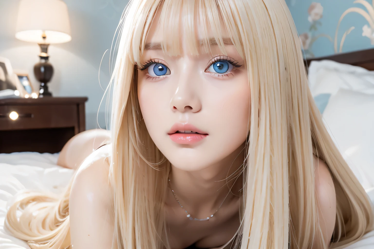 A very white and beautiful 20-year-old blonde girl、masterpiece, highest quality, shape, Ultra-fine detail, Naturally shiny platinum blonde、Super long straight silky hair、Super long hair like Rapunzel、Hair tangled all over the body、bangs over eyes、bangs on the face、Messy bangs、High resolution, 8K TV Wallpaper, Perfect dynamic composition, Big, bright, light blue eyes that shine beautifully、Very big eyes、of hotel(bed)、Small Face Beauty、Round face、double eyelid、Cheek gloss highlighter、On all fours