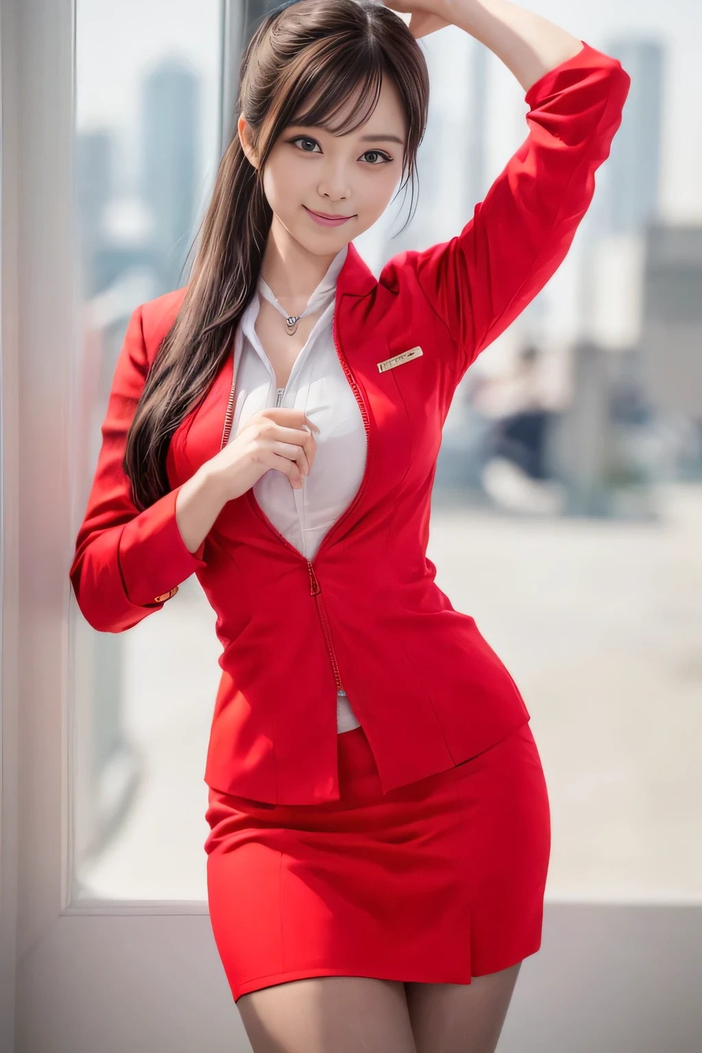 (masterpiece:1.2, highest quality:1.2), 32K HDR, High resolution, (alone、1 girl)、（On the roof of a high-rise building、Professional Lighting）、Skyscraper Background、Beautiful city view、（Realistic style with AirAsia flight attendant uniforms）、（AirAsia uniform unzipped red jacket、AirAsia uniform long sleeve red jacket、AirAsia uniform red mini tight skirt、AirAsia uniform white shirt unbuttoned）、Big Breasts、（AirAsia uniform shirt showing big breasts）、Dark brown hair、（Long Hair Up、Hair Bun）、Dark brown hair、Long Shot、（（Fine hand：2.0）），（（Harmonious body proportions：1.5）），（（Normal limbs：2.0）），（（Normal finger：2.0）），（（Delicate eyes：2.0）），（（Normal eyes：2.0））)、Luxury Necklace、Beautiful appearance、smile、Place your hands around your stomach