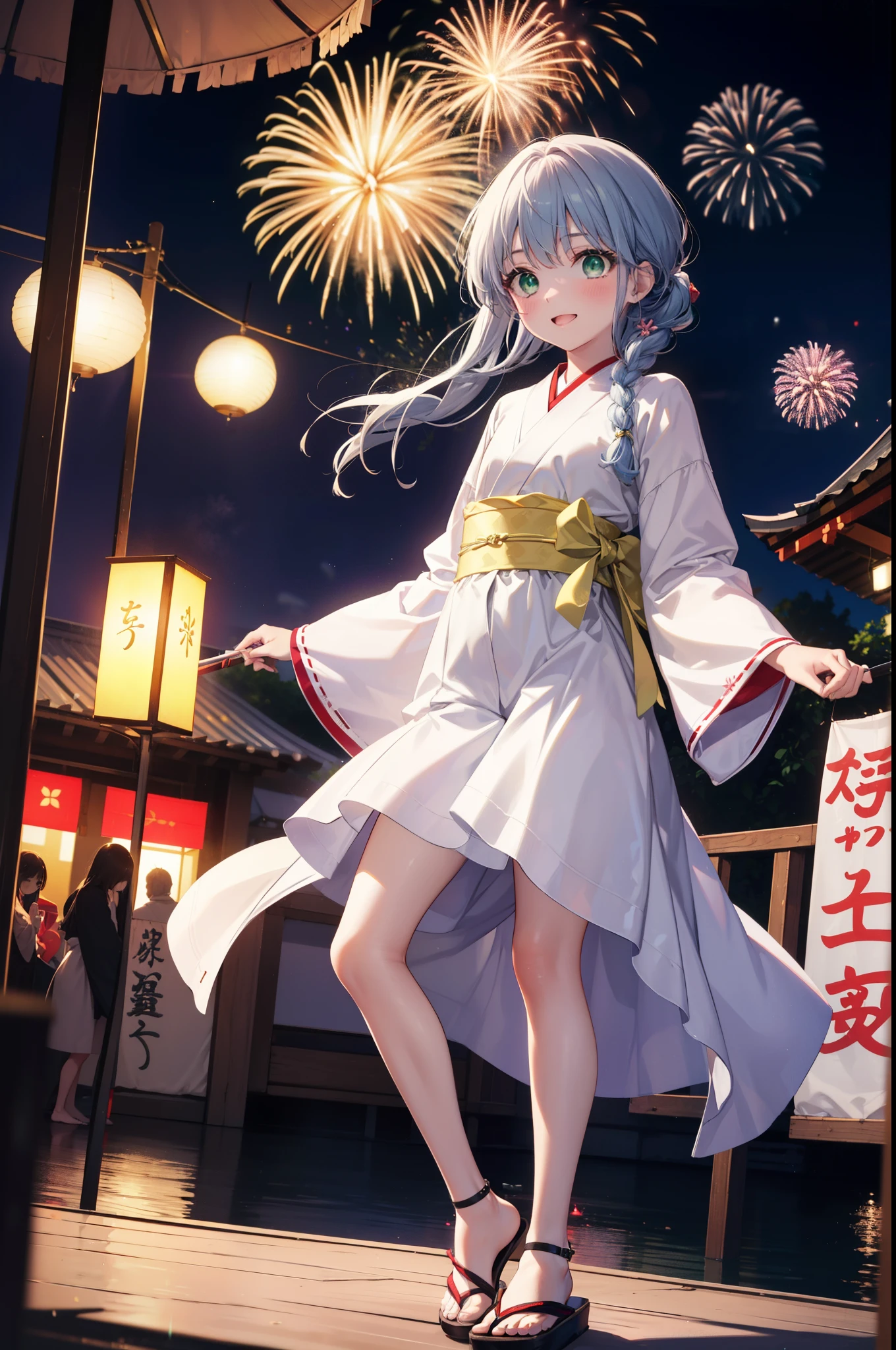 index, index, (Green Eyes:1.5), Blue Hair, Long Hair, (Flat Chest:1.2),smile,blush,Happy atmosphere,Open your mouth,Long Hair,Hair tied up,White bathrobe,Long sleeves,mini skirt,Sandals,White tabi,night空の花火,Fireworks display,Japanese Festivals,Summer festival food stalls,Red Lantern, night,whole bodyがイラストに入るように,Looking down from above,He is holding cotton candy in his right hand,
break outdoors, shrine,                                              break looking at viewer,whole body,
break (masterpiece:1.2), highest quality, High resolution, unity 8k wallpaper, (shape:0.8), (Beautiful and beautiful eyes:1.6), Highly detailed face, Perfect lighting, Highly detailed CG, (Perfect hands, Perfect Anatomy),